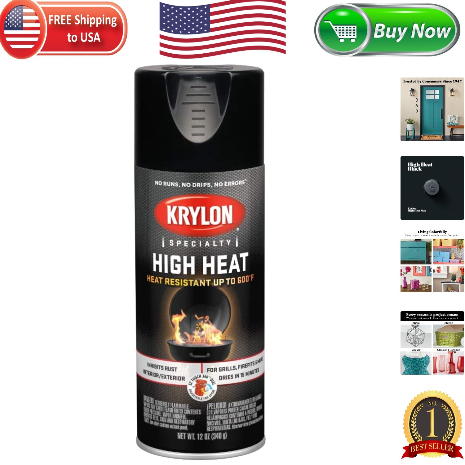 Krylon K01618777 High Heat Satin Black Spray Paint – 12 oz for Grills & Stoves