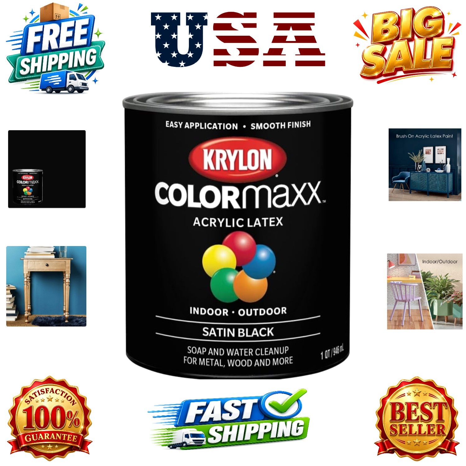 ColorMaxx Satin Interior/Exterior Acrylic Latex Paint, Black, 1 Qt. – 1 Each