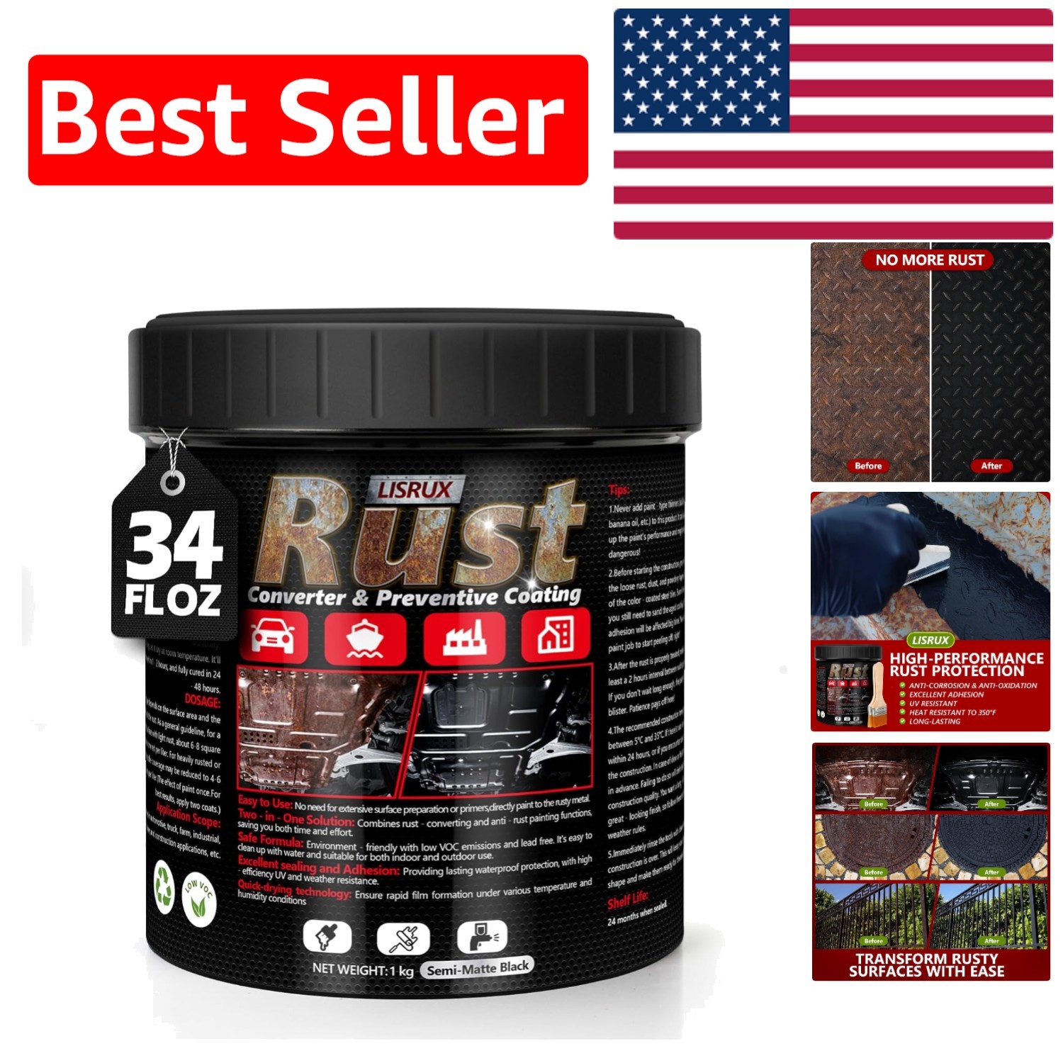 Easy Apply 4-in-1 Rust Converter & Primer – Black 34 Fl Oz for Metal Protection