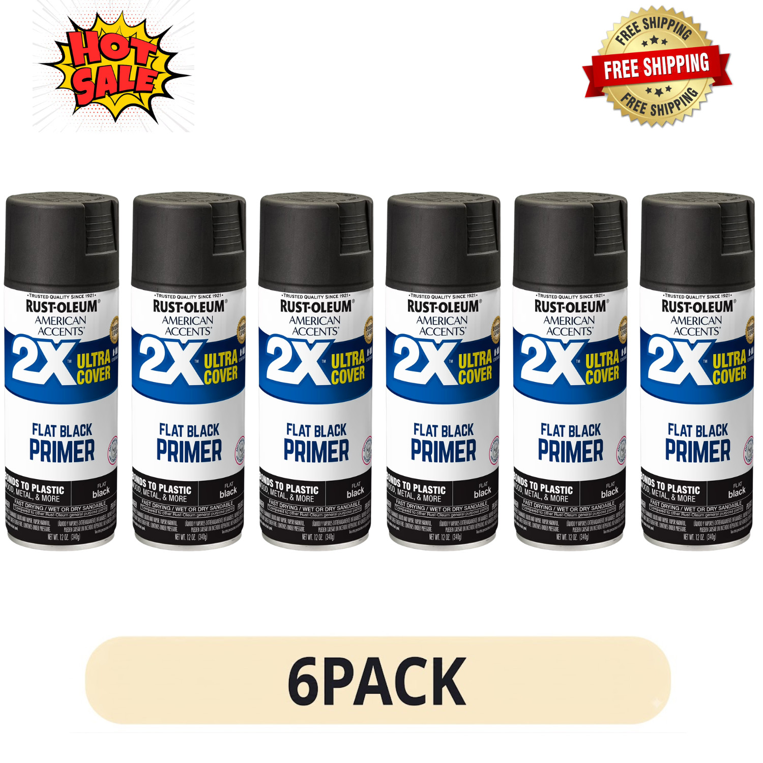 6 Pack Rust-Oleum 2X Ultra Cover Flat Black Primer Spray Paint 12 oz Can