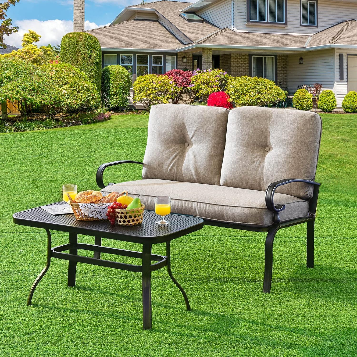 Patio Loveseat with Table Set, 2 Seat Cushioned Sofa with Coffee Table, Patio Co