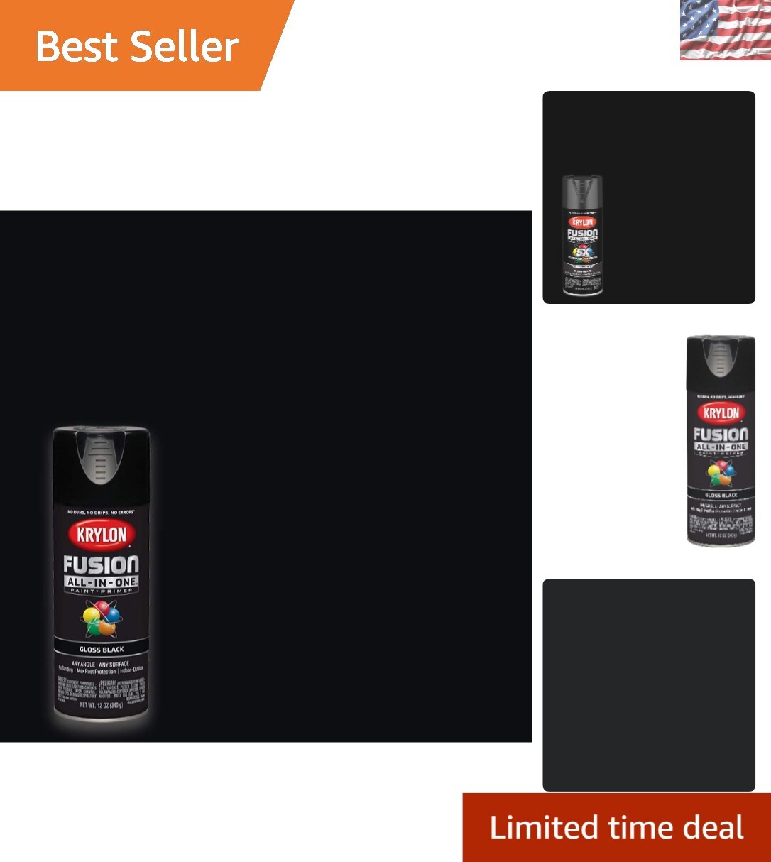 12 oz Gloss Black Paint & Primer Spray – 5X Adhesion & Quick Drying for Projects