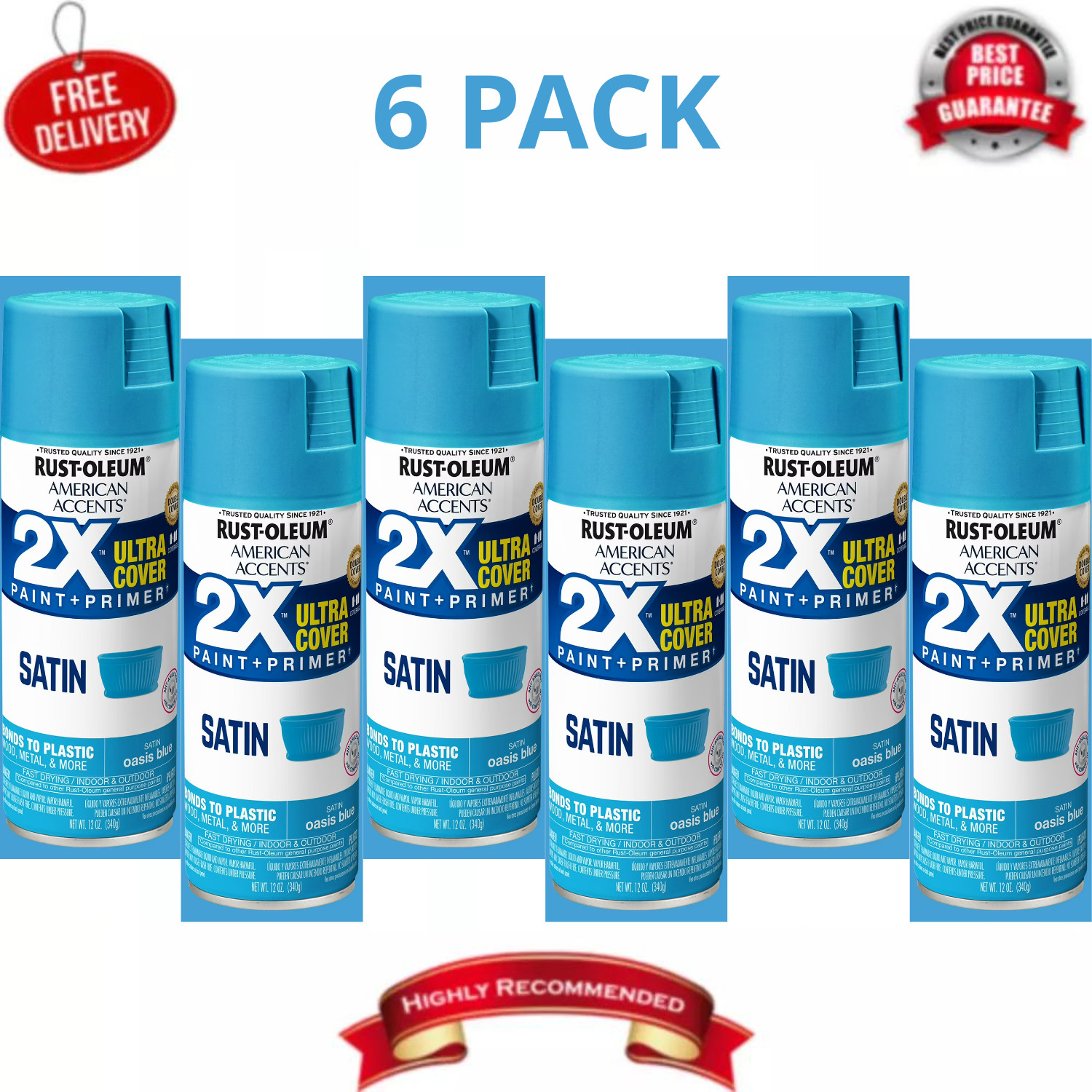 Rust-Oleum American Accents 2X Satin Oasis Blue Spray Paint 12oz, 6 Pack