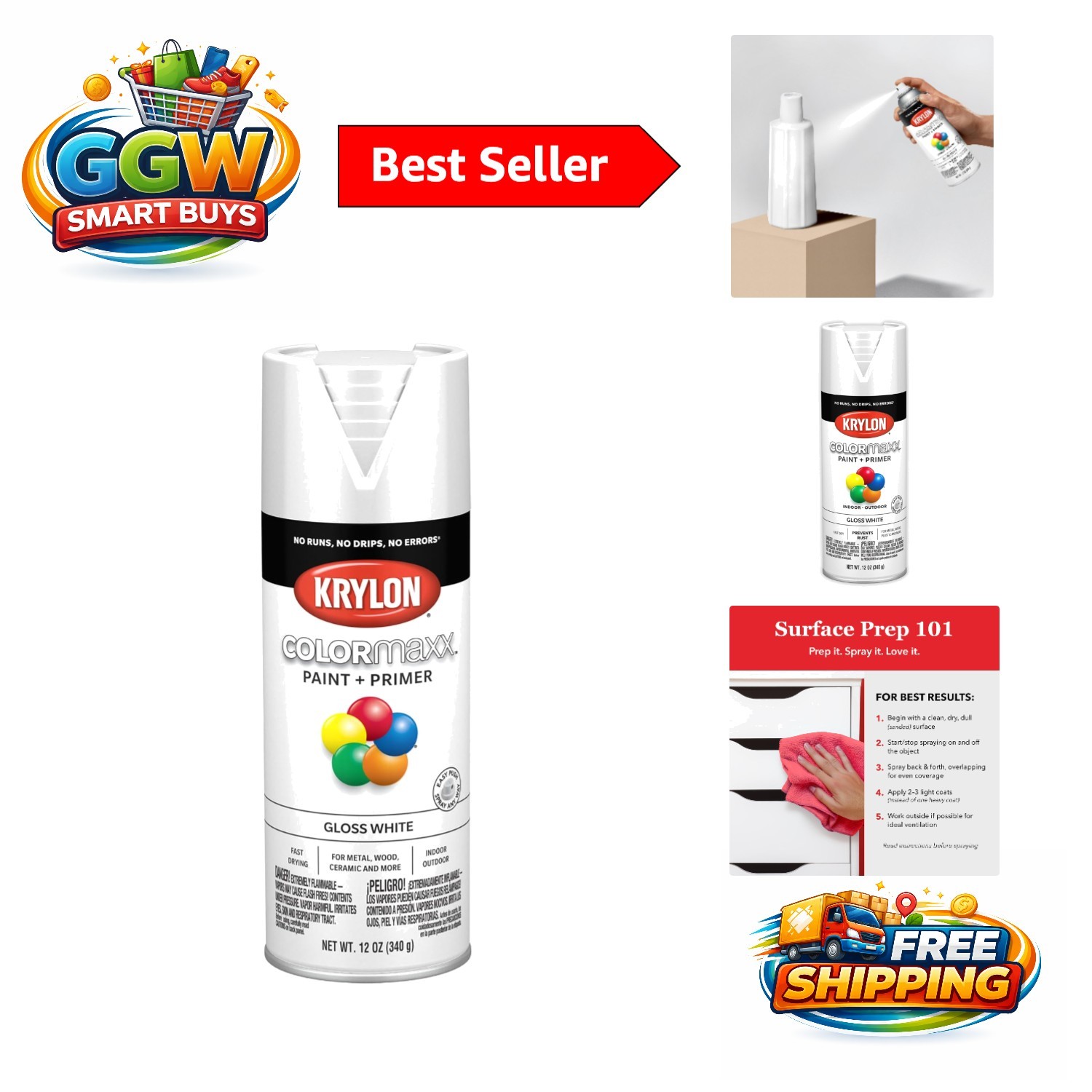 12 Oz Krylon ColorMaxx Gloss Spray Paint in White – Versatile for Indoor/Outdoor