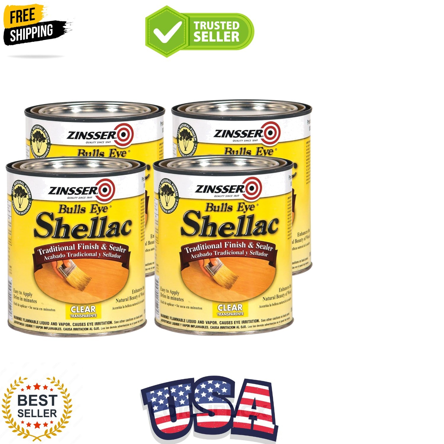 304H-4PK Bulls Eye Shellac Traditional Finish & Sealer, Quart, Clear, 4 Pack