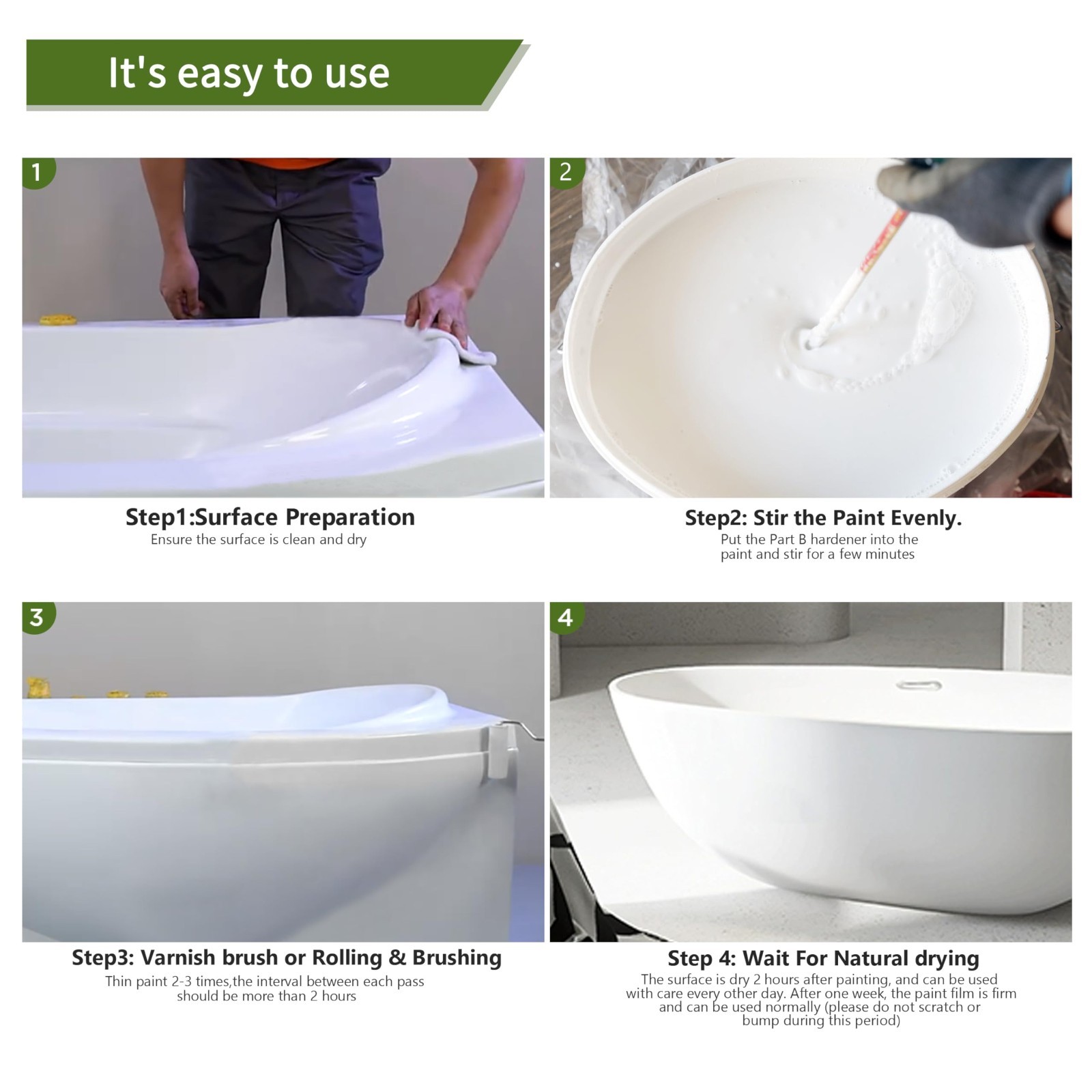 Ceramic Tub & Tile Refinishing Kit (White) 32Oz, Waterproof Low Odor for Bathtub