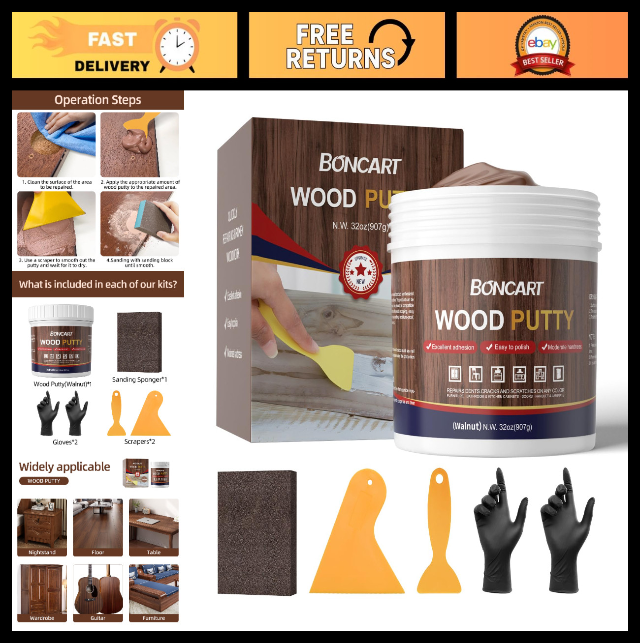 Wood Filler 32 OZ Walnut Putty | Paintable Sandable Furniture Repair Kit