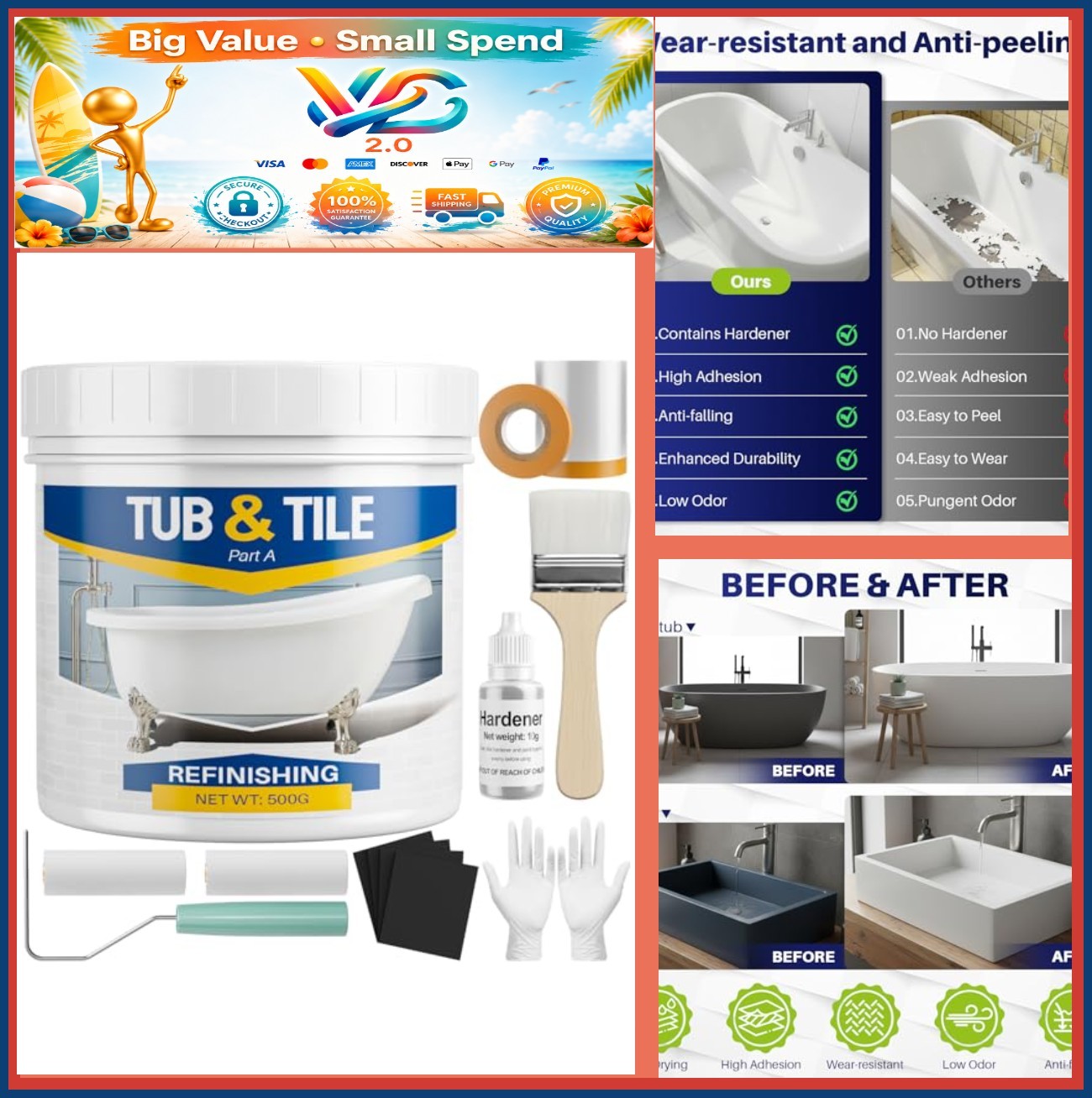 Bathtub Refinishing Kit 17oz White Tub & Tile Paint DIY with Tools Low Odor