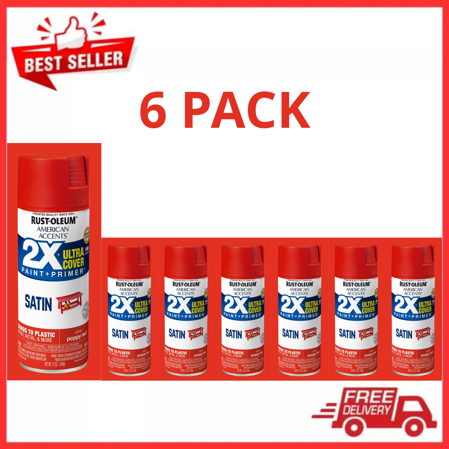 Rust-Oleum American Accents 2X Ultra Cover Satin Poppy Red Spray Paint 12oz, 6PK