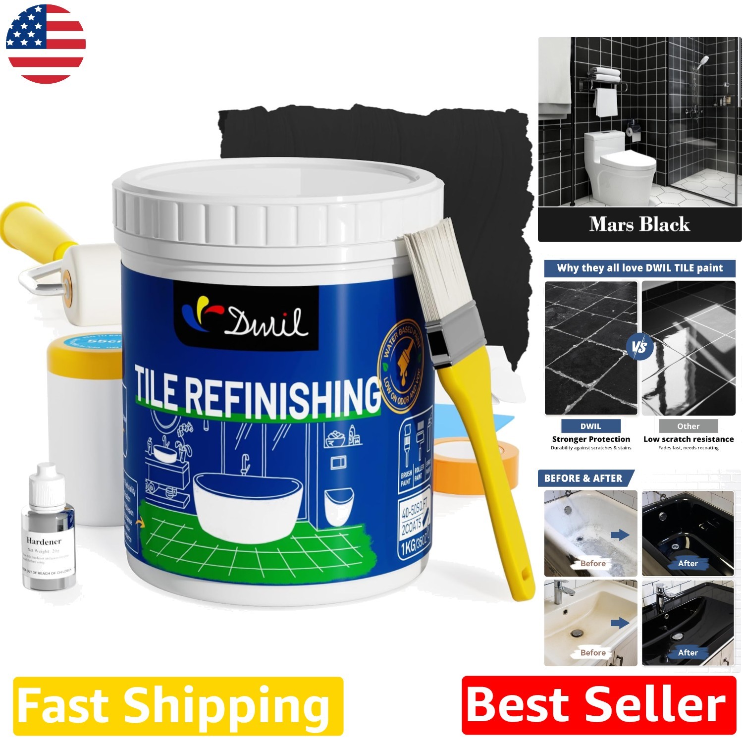 Black Bathtub Refinishing Kit – Waterproof Acrylic Tub Paint, Low Odor, 35oz