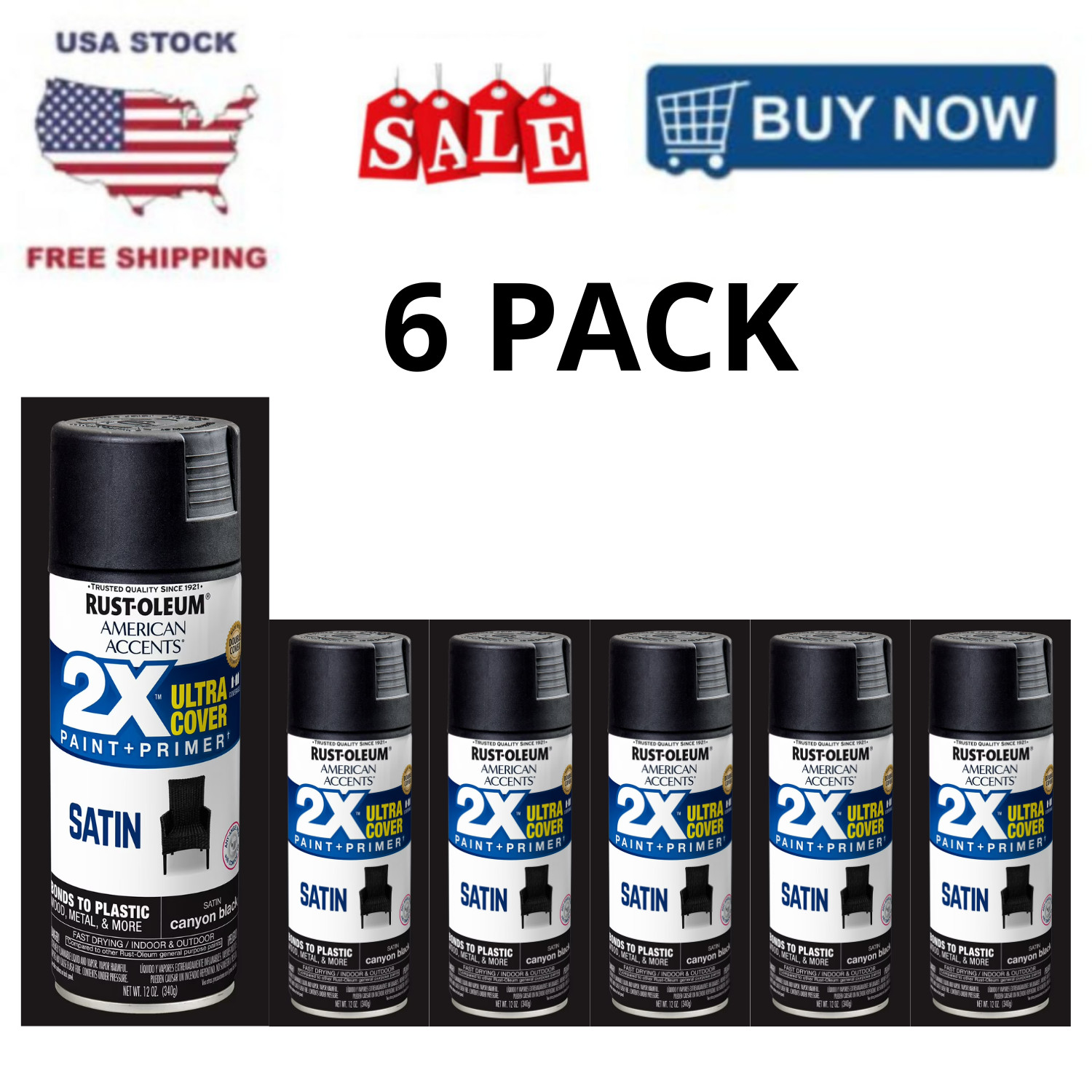 Rust-Oleum 2X Ultra Cover Satin Spray Paint Canyon Black 12 oz, 6 Pack