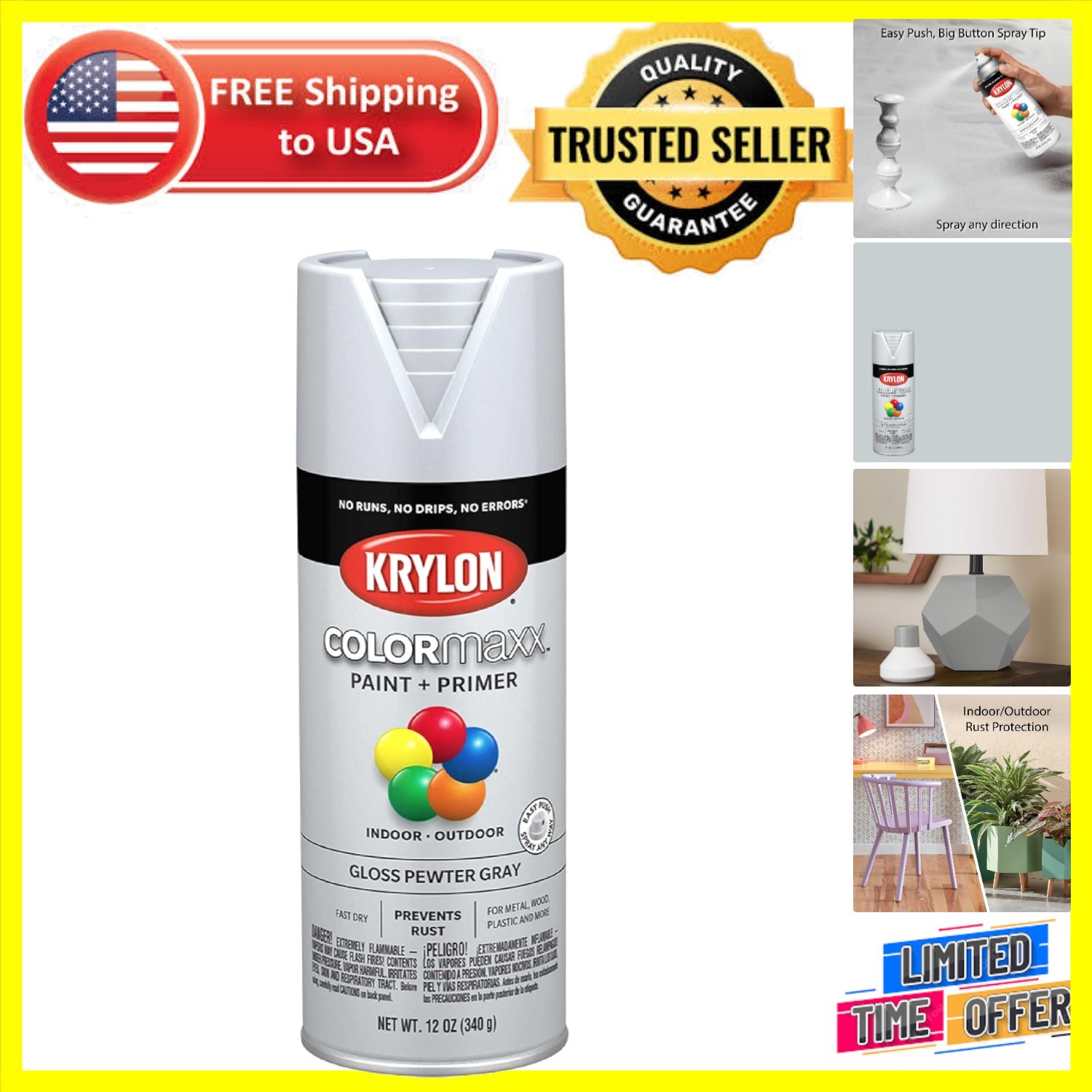 Versatile Krylon COLORmaxx Gloss Pewter Gray Spray Paint 12oz, Rust Resistant