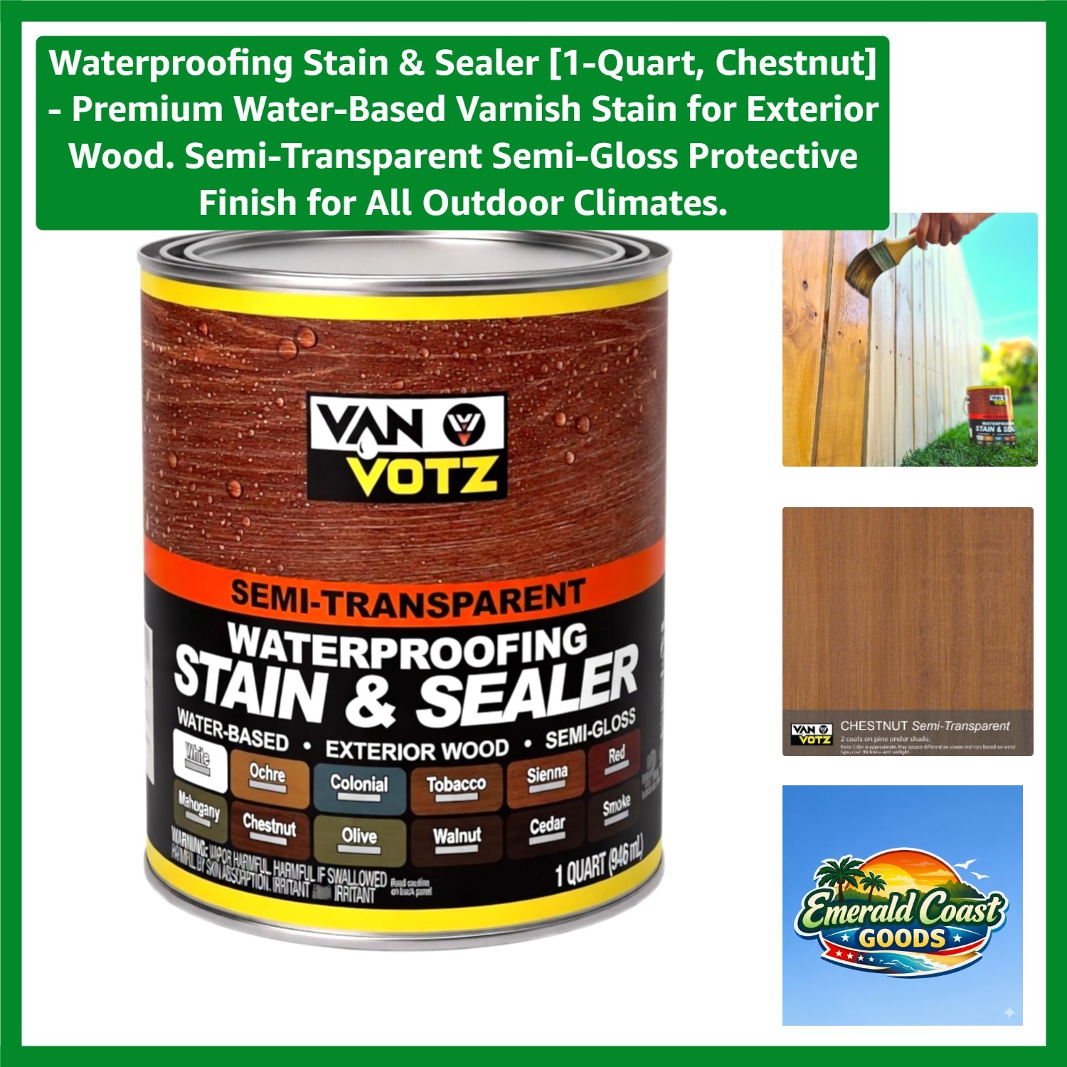 Waterproofing Stain & Sealer [1-Quart, Chestnut] – Water-Based Varnish Stain…