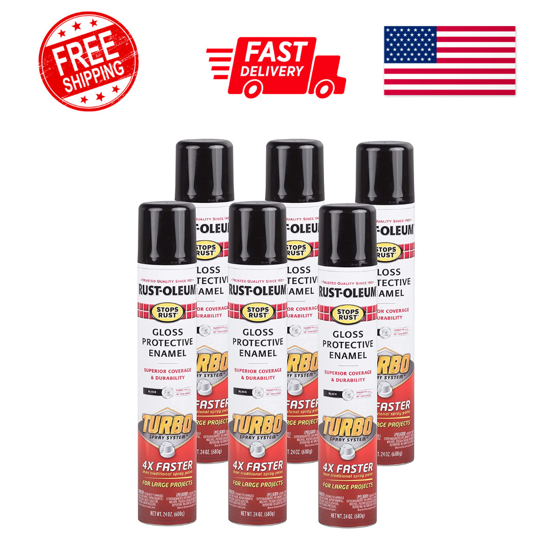 Rust-Oleum Stops Rust Turbo Spray Paint, 24 Oz, Gloss Black, 6 Pack – Quick Dry