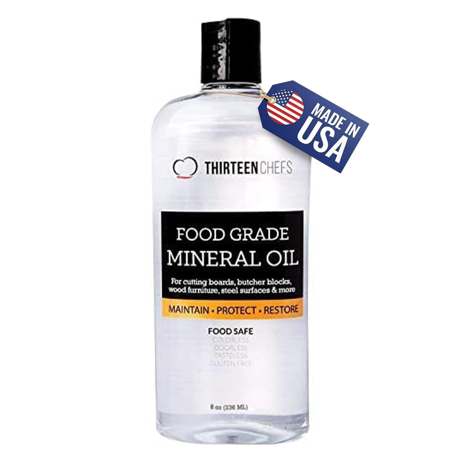 Thirteen Chefs Mineral Oil – 8 oz Food Grade Conditioner 8 Fl Oz, Transparent