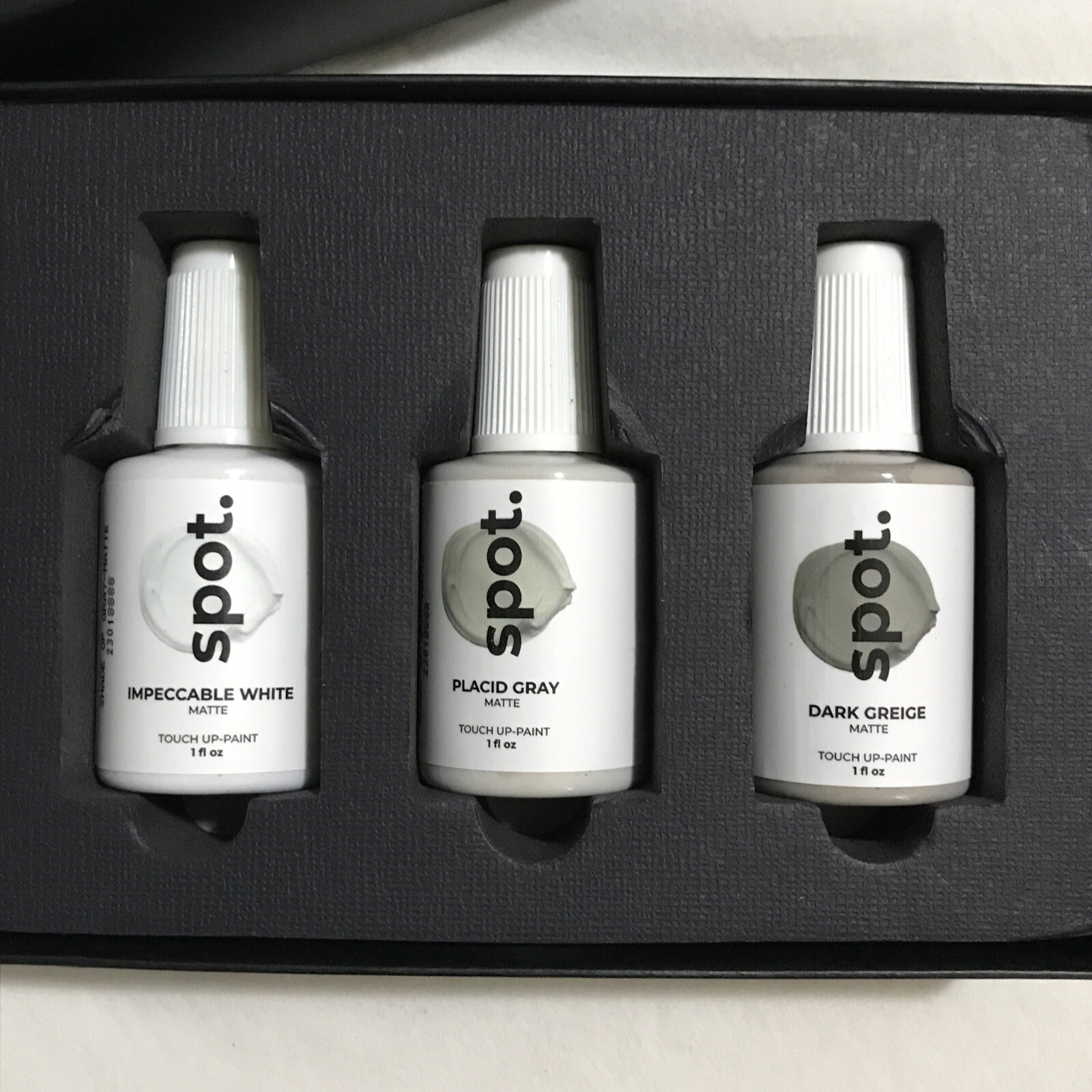 spot. Matte Finish Touch Up-Paint, Grey + White 3 Shades Pack (98% Full)