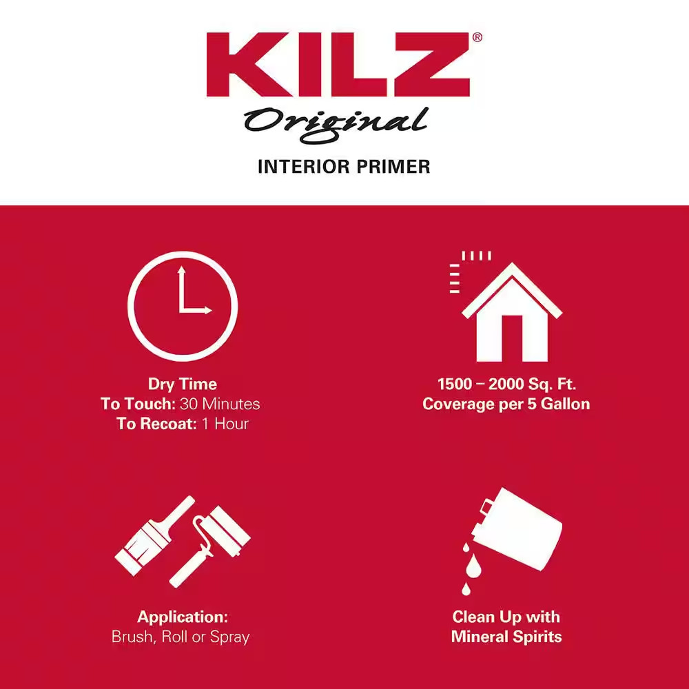 KILZ Original White Oil-Based Interior Primer Paint, Sealer, Stain Blocker 5 Gal