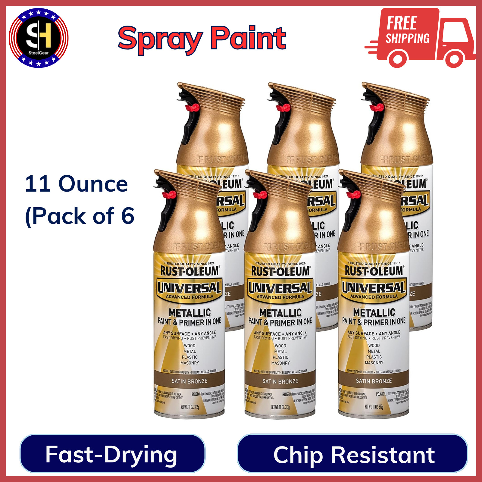 Rust Oleum Spray Paint, Pack Of 6, 11 Oz Satin Bronze For Universal Fast-Drying