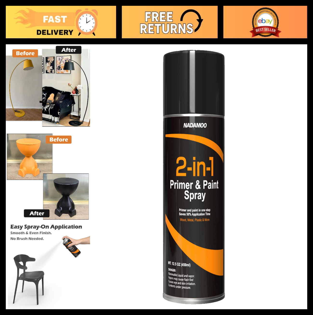 Multi-Surface Matte Black Spray Paint & Primer – Quick Drying for Wood, Metal, P