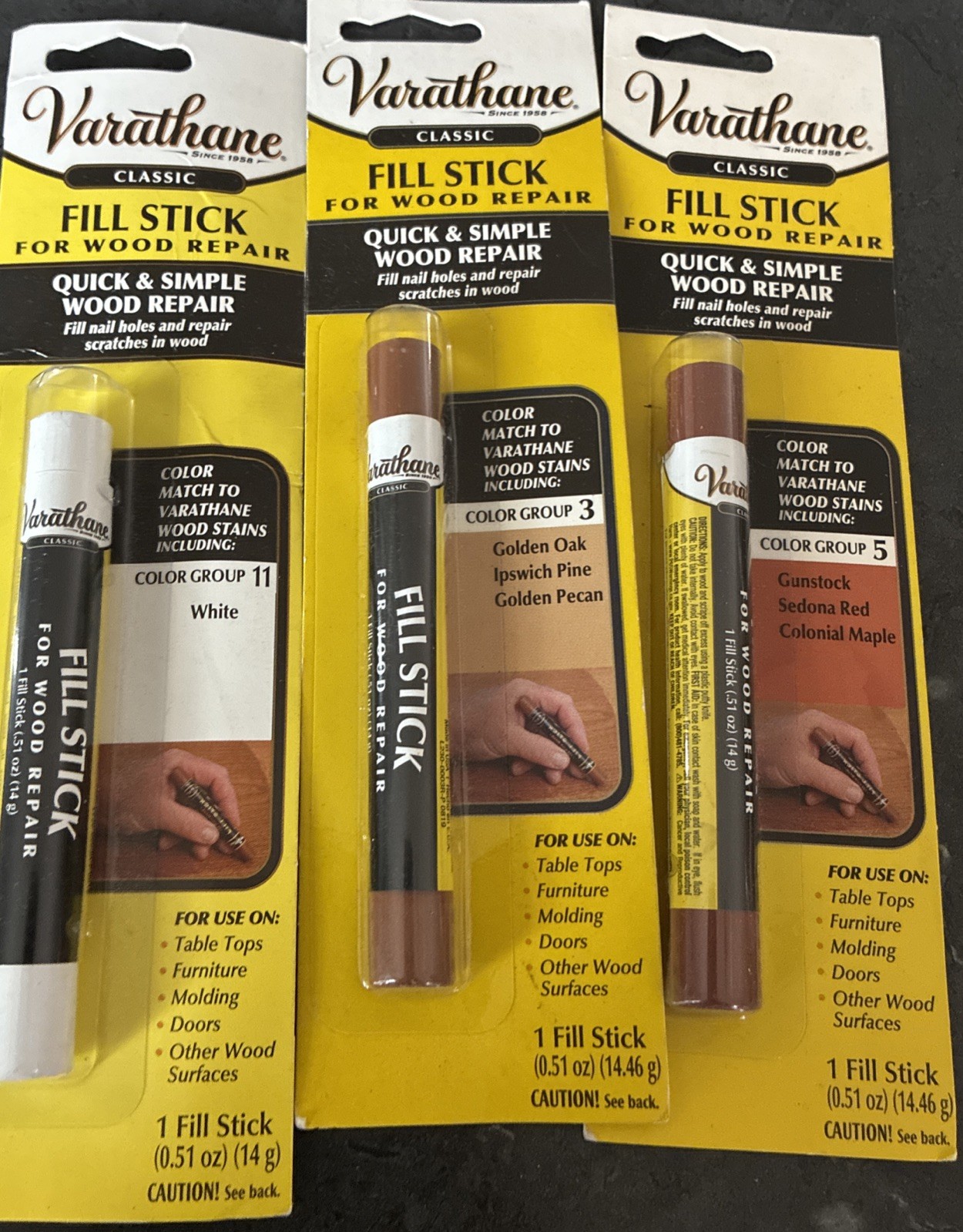 VARATHANE FILL STICK for WOOD REPAIR – White,golden Oak,gunstock .51 oz 3pack