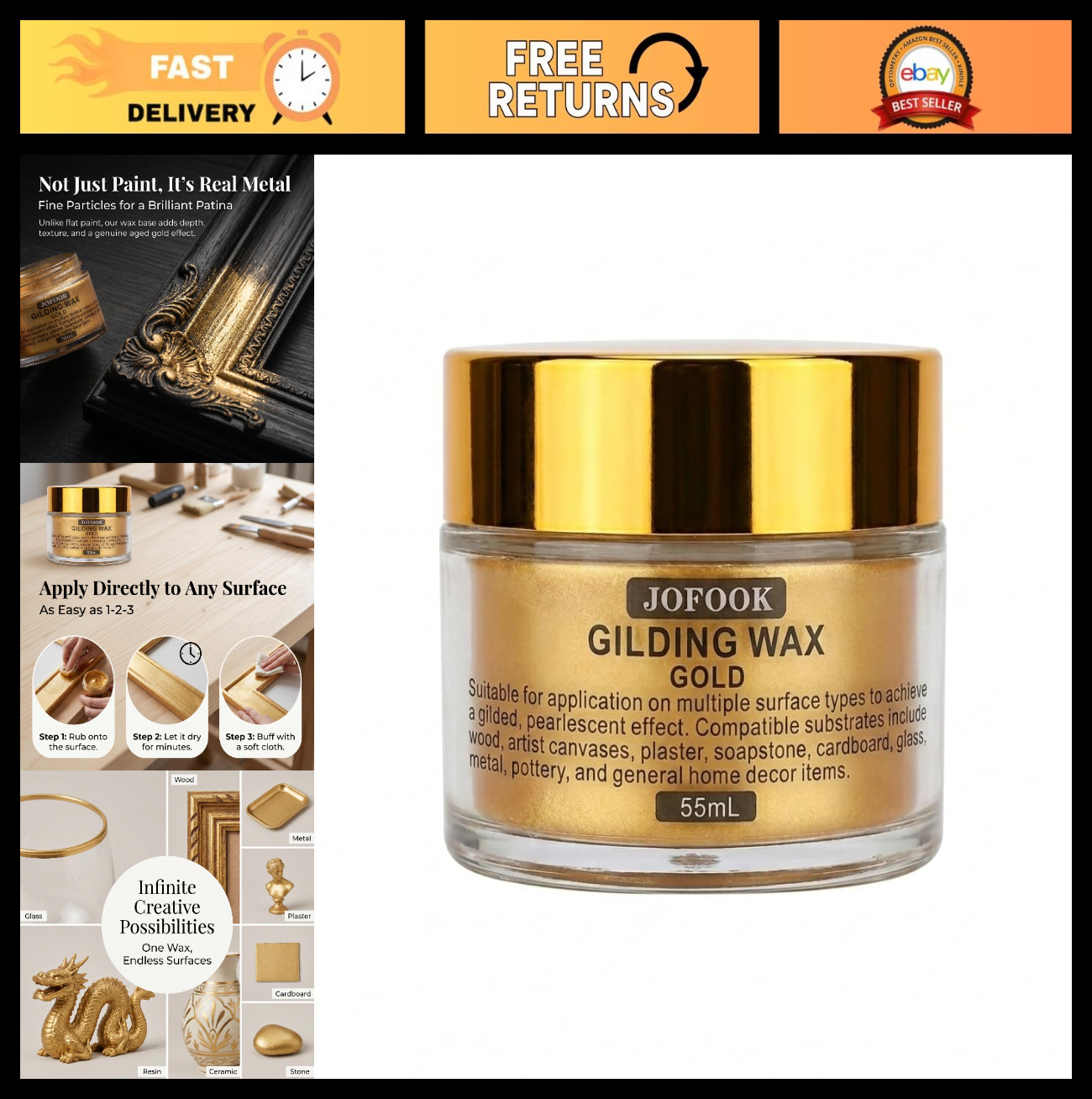 55ml Gold Gilding Wax – No Sanding Antique Metallic Finish for Wood, Metal, Glas