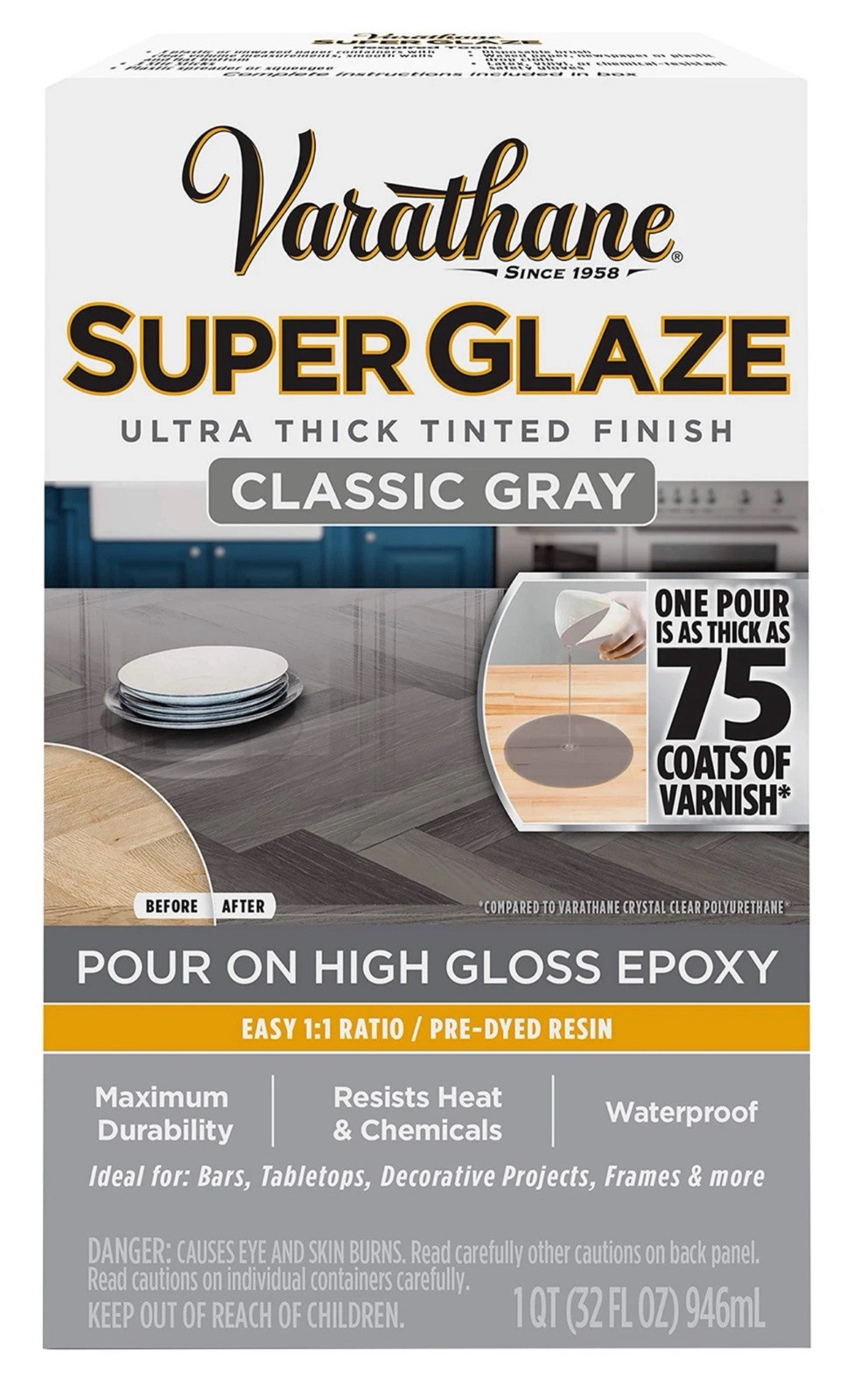 🔥Varathane Super Glaze Pour-On High Gloss Epoxy Quart Classic Gray NEW