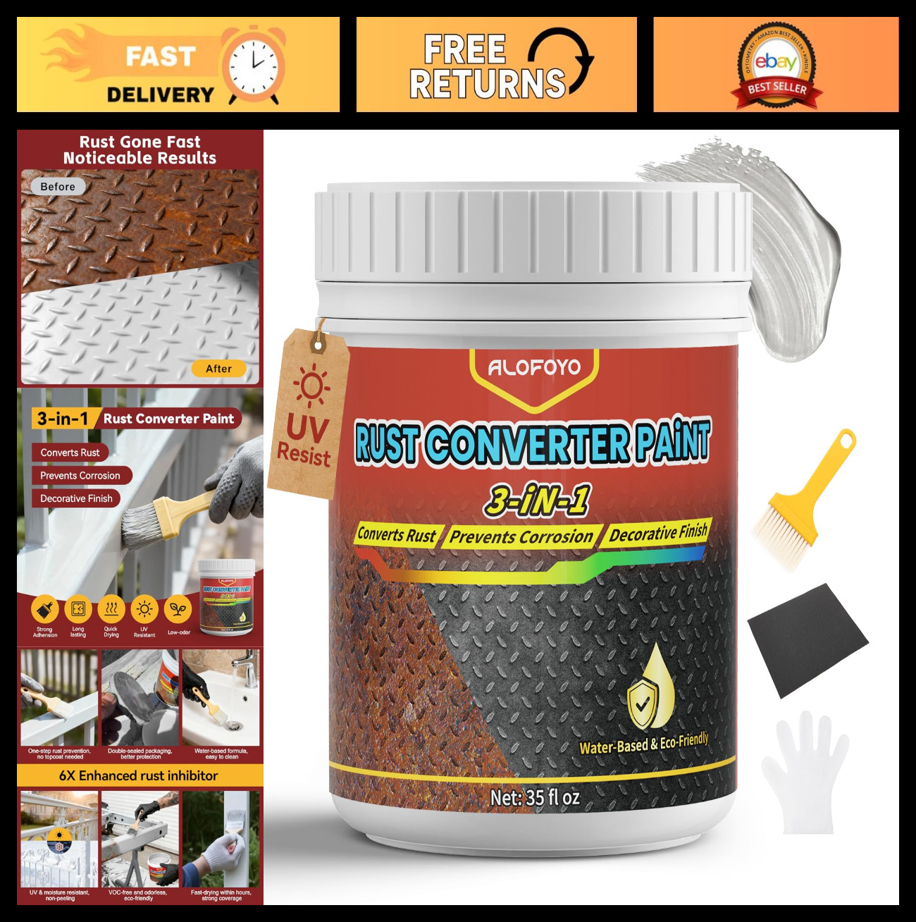 3-in-1 Rust Converter Paint – Long-lasting Gray Primer & Quick-Dry Coating, 35oz