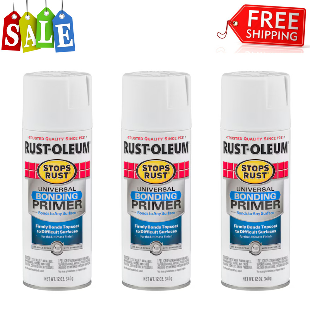 3 Pack White, Rust-Oleum Stops Rust Universal Bonding Primer Spray Paint, 12 oz