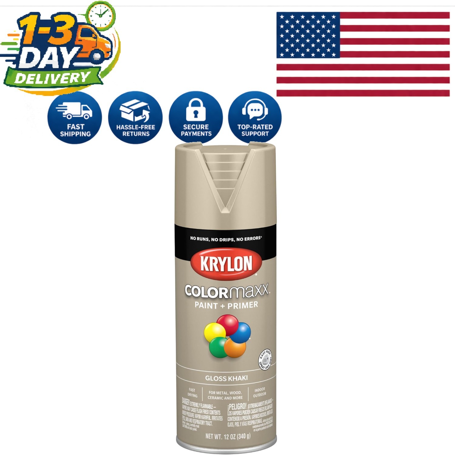 Durable Gloss Khaki Spray Paint & Primer for Indoor/Outdoor Projects – 12 Oz