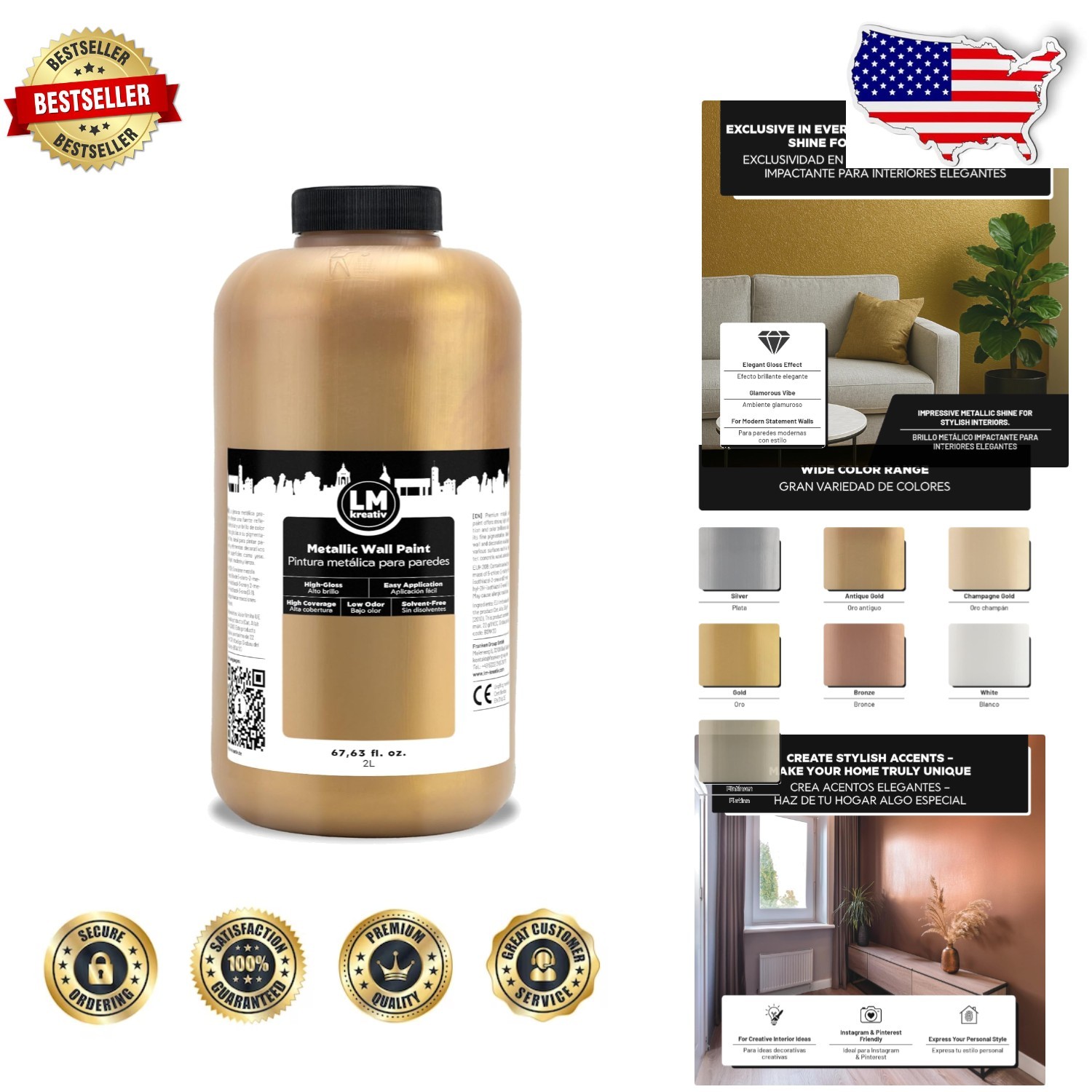 Antique Gold Metallic Wall Paint 2L – Luxurious Shine, Easy DIY, Water-Based,…