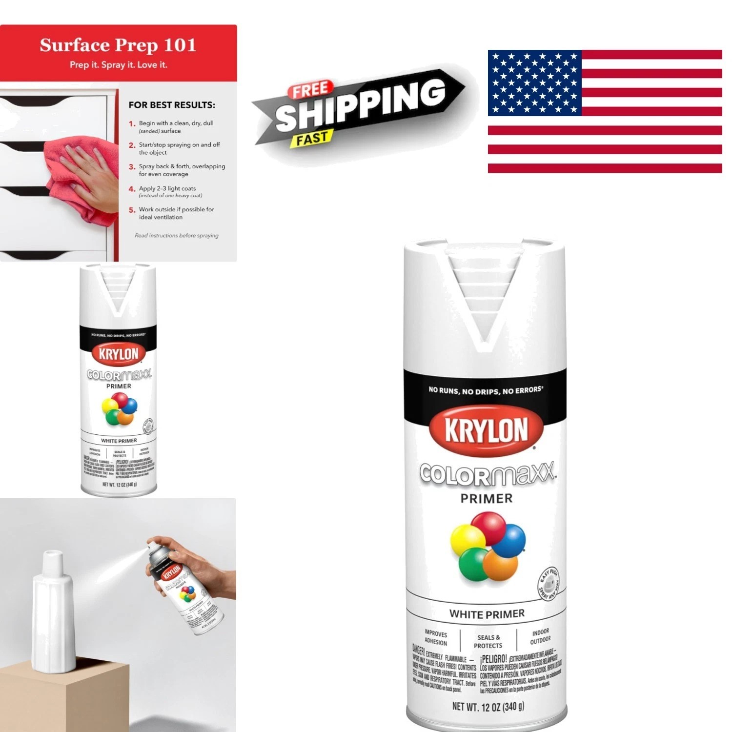 Water Resistant White Primer Spray Paint 12 Ounce for Various Materials