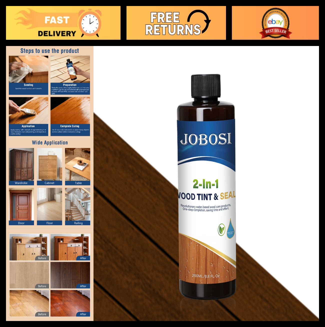 Dark Walnut Wood Stain & Sealer 9oz – Enhances Grain, Waterproof, Non-Toxic