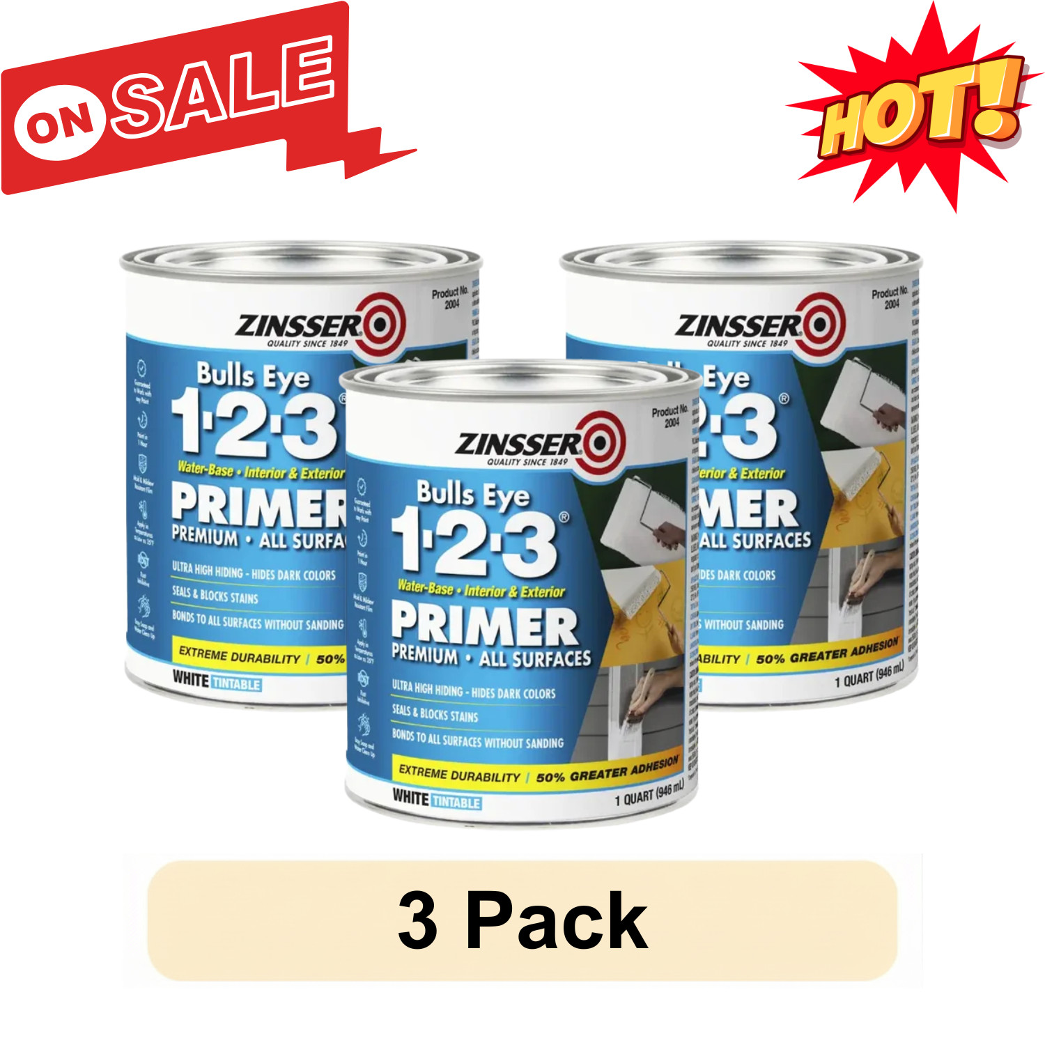 3 Pack Zinsser Bulls Eye 1-2-3 Water-Based Primer White 1 Quart 315830 New