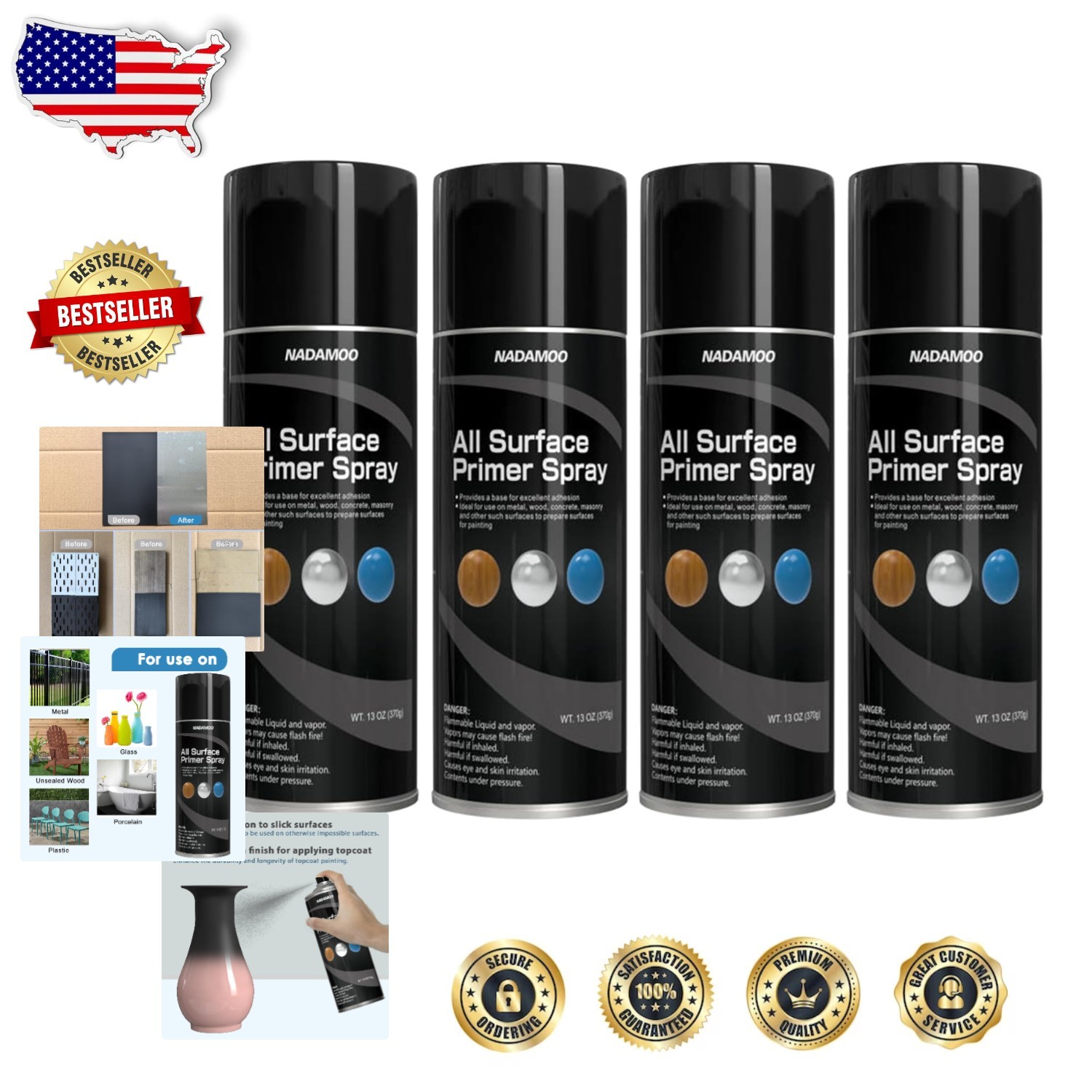 Enhance Adhesion Primer Spray, Matte Black, 4 Cans, Multi-Surface Epoxy Formula