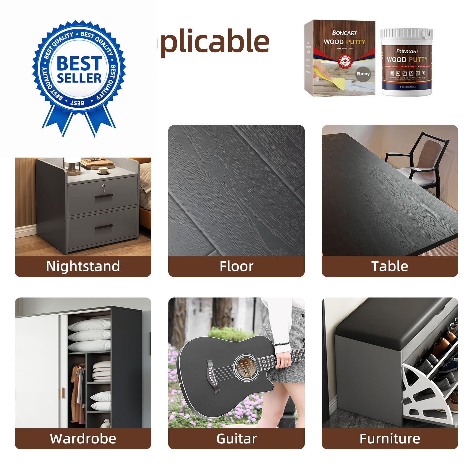 BONCART Wood Filler – Ebony, Paintable, Stainable, Sandable. Quickly Ebony