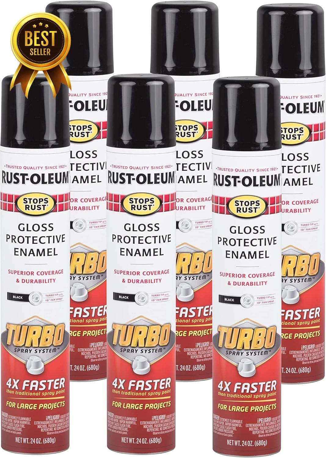 6 Pack Stops Rust Turbo Spray Paint 24oz Gloss Black Fast Coverage Aerosol