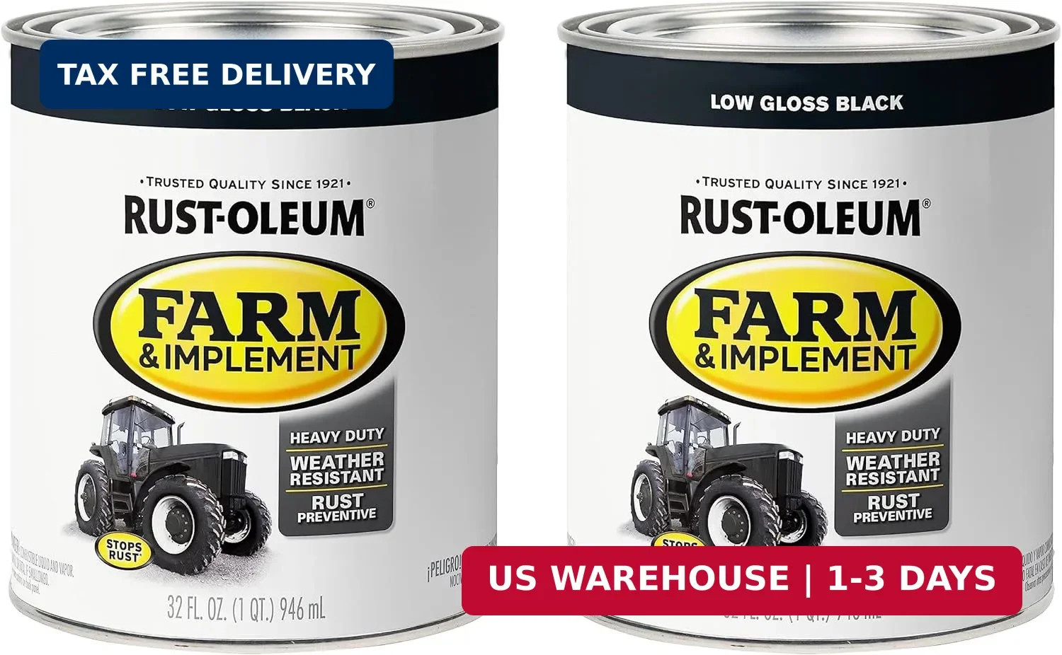 Rust-Oleum 280107-2PK Farm & Implement Enamel Paint, Quart, Low Gloss Black, 0.2