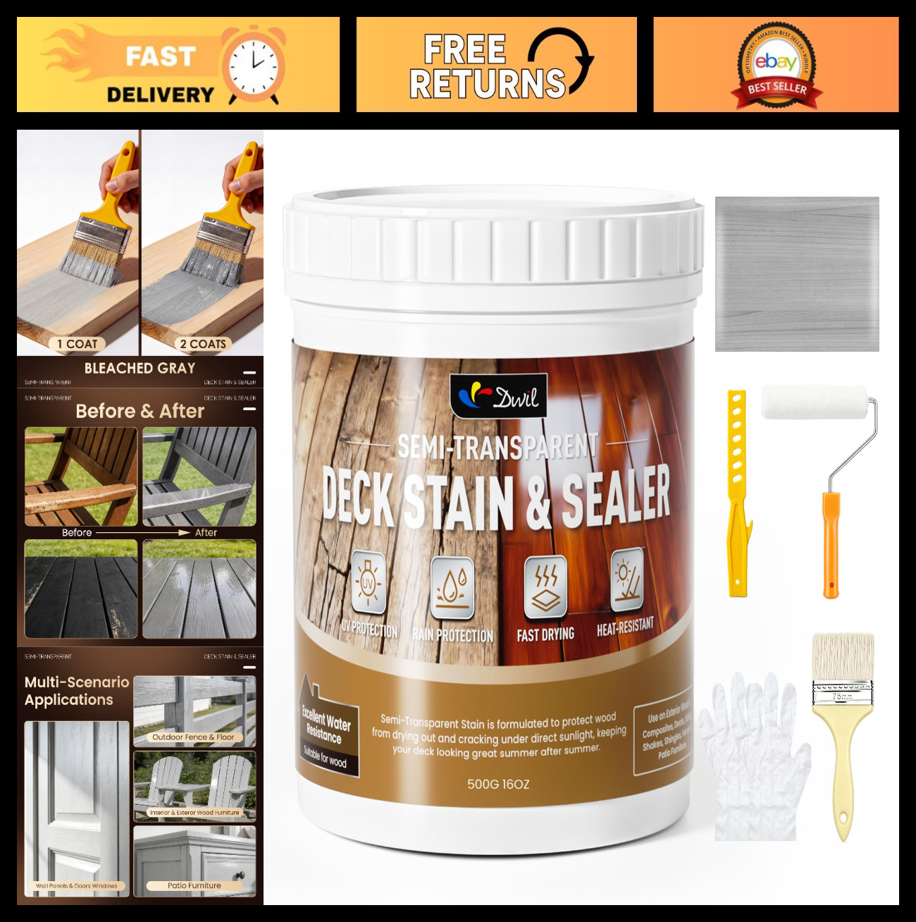 Water-Based 2-in-1 Wood Stain & Sealer, Semi-Transparent, Fast Drying, Low Odor
