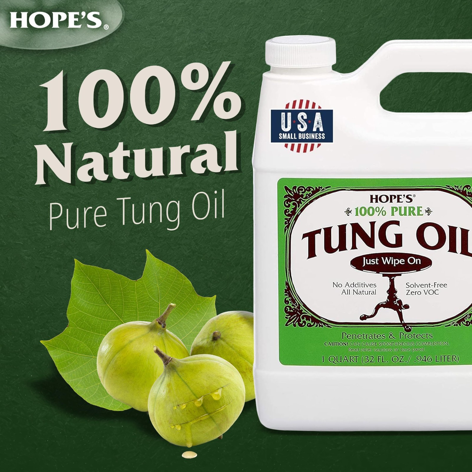 100% Pure Tung Oil – Food Safe Natural Wood Finish & Sealer, 32 Fl Oz, Waterproo