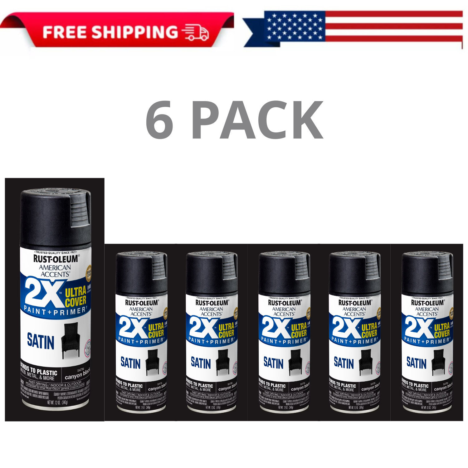 Rust-Oleum American Accents 2X Satin Canyon Black Spray Paint 12oz, 6 Pack