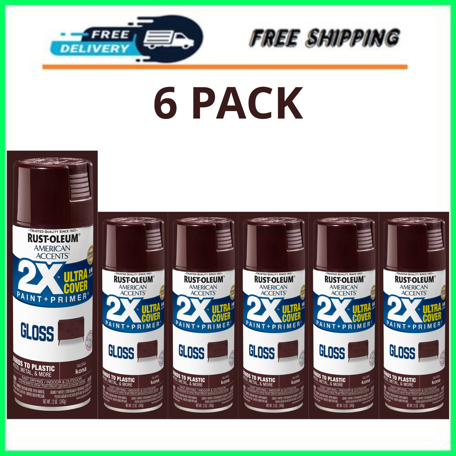 Rust-Oleum American Accents 2X Gloss Spray Paint Kona 12oz, 6 Pack