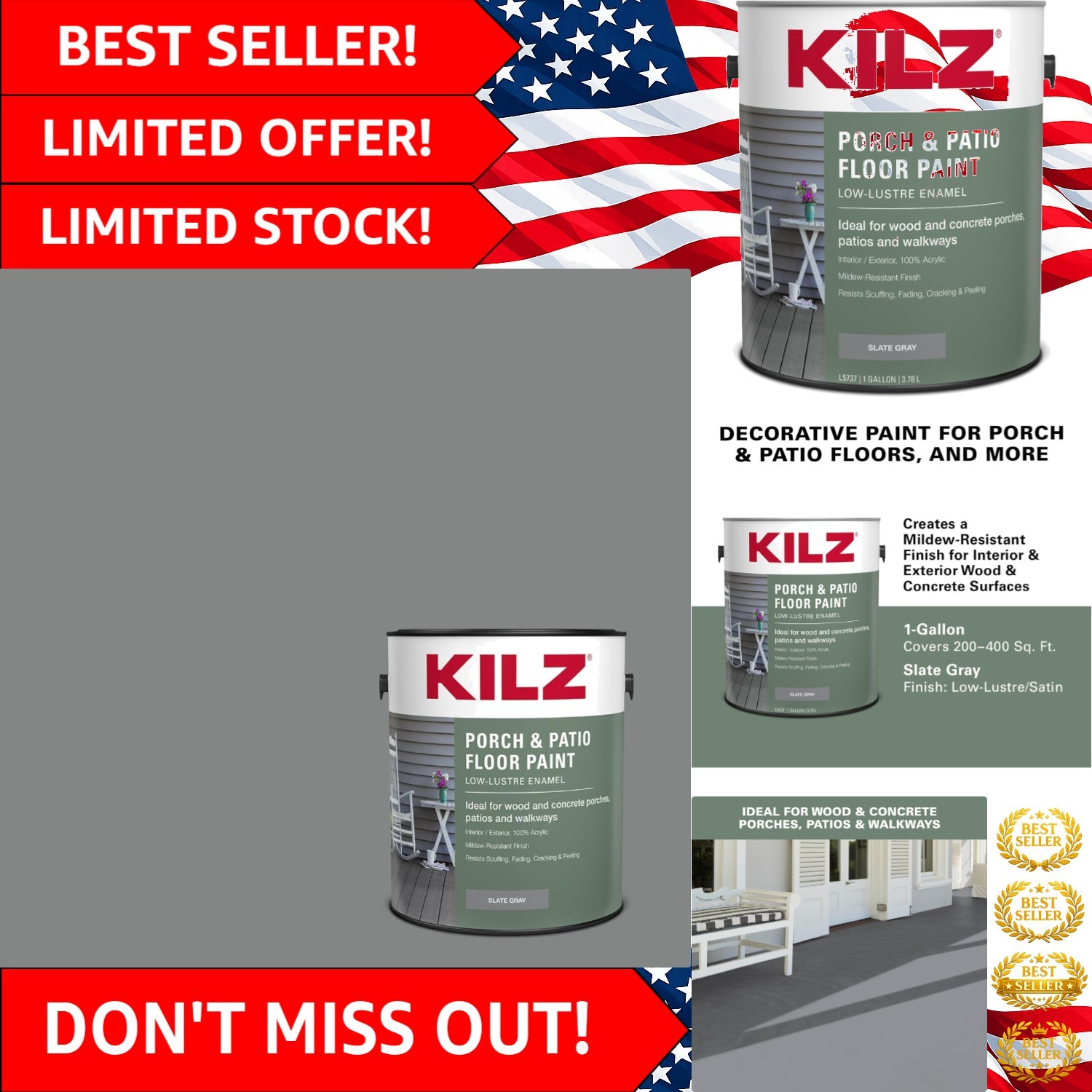 Slate Gray Low-Lustre Enamel Porch & Patio Paint – 1 Gallon for Indoor/Outdoor