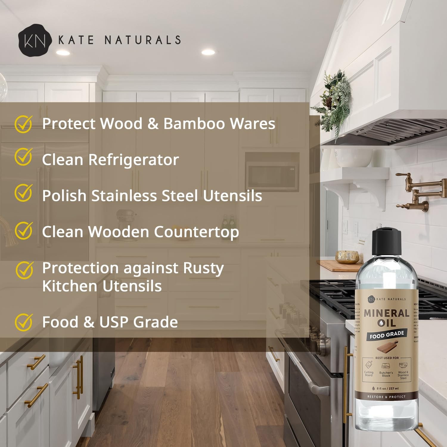 Kate Naturals Mineral Oil for Wood Cutting Board, Butcher 8 fl oz, Clear