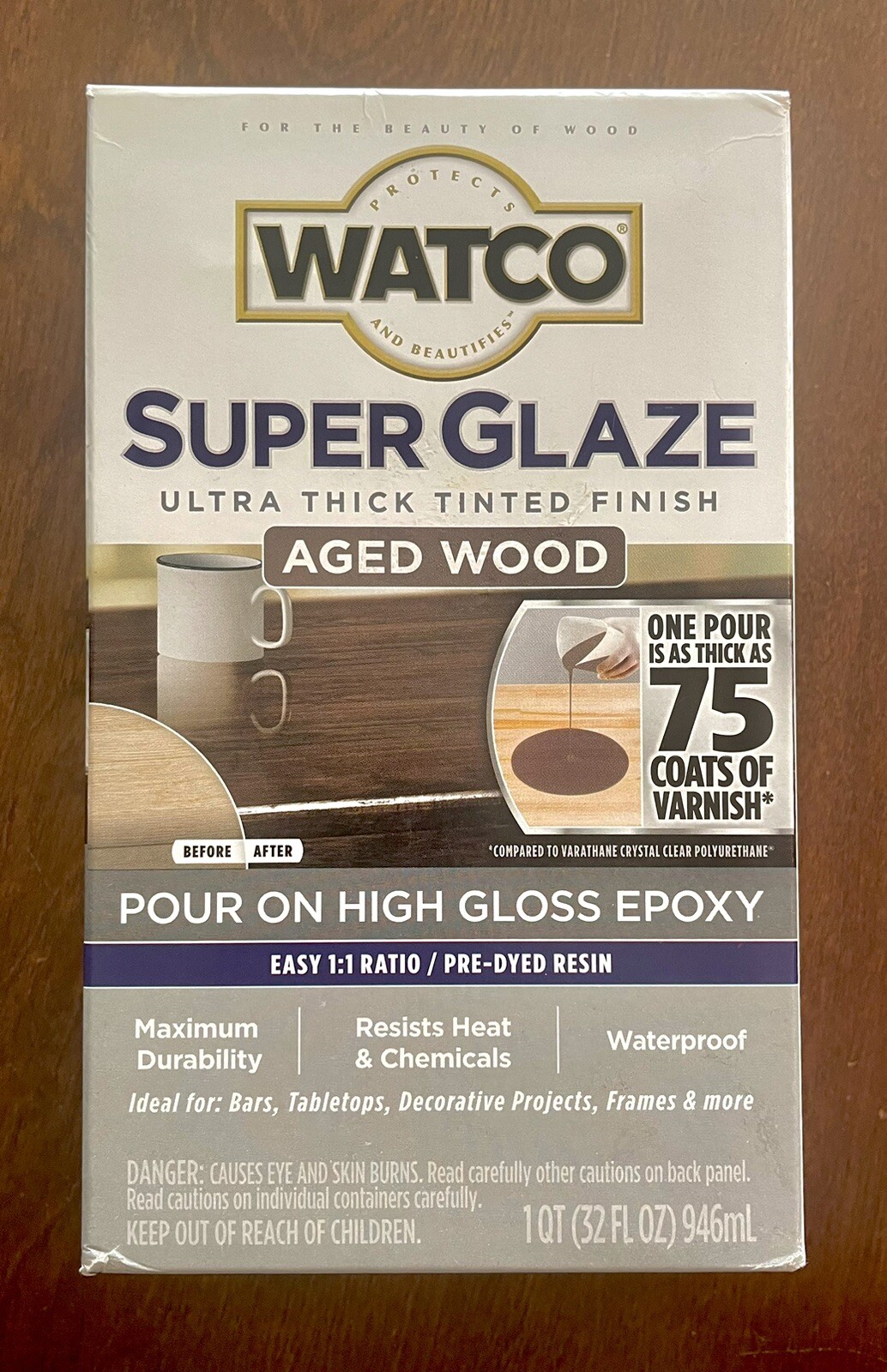 New In Box RUST-OLEUM WATCO Super Glaze POUR ON High Gloss EPOXY 1QT Aged Wood