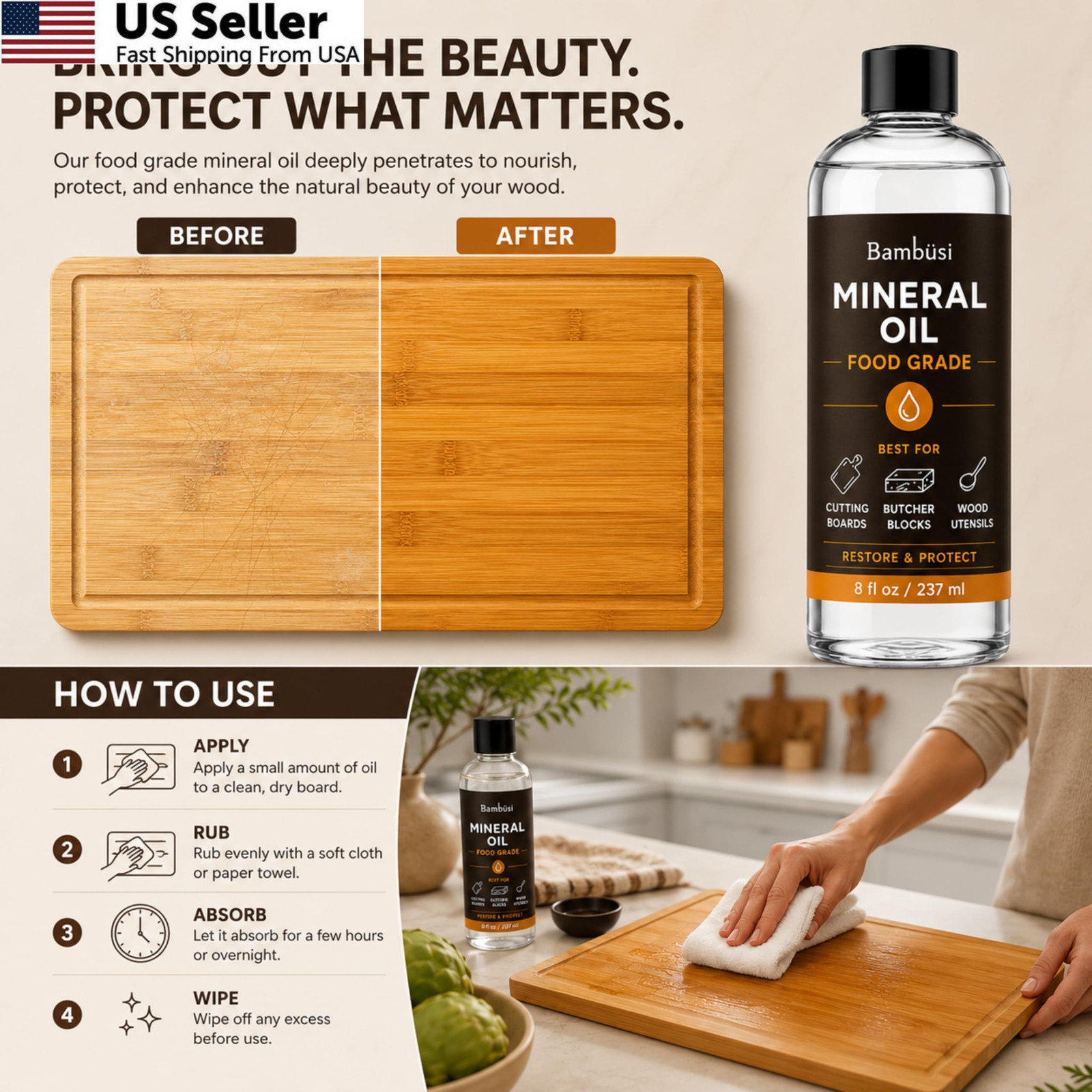 Bambüsi Mineral Oil – 8 oz Food Grade for Wood 8oz, Transparent