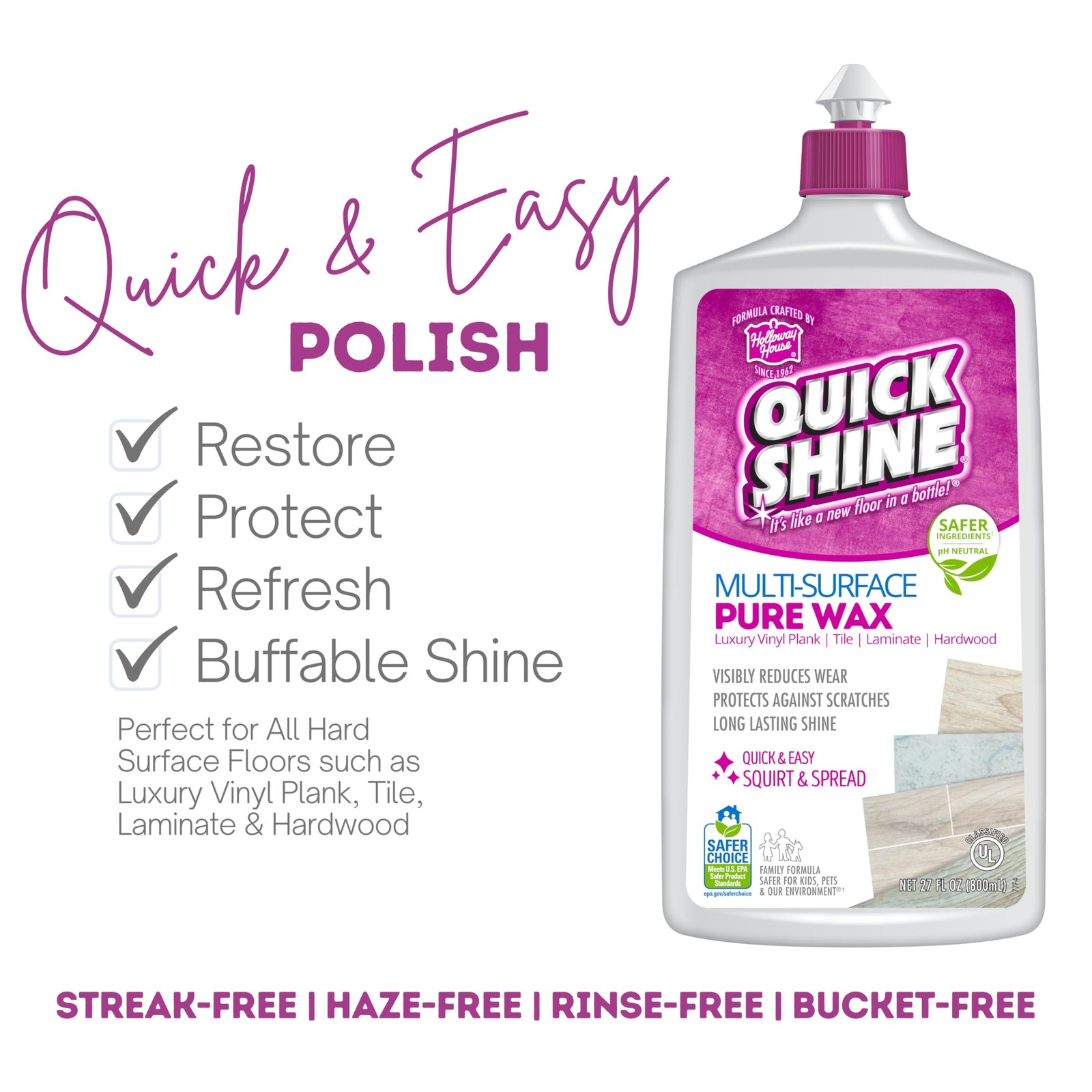 Quick Shine Pure Floor Wax 27oz | A Buffable, Waterproof 27 Fl Oz (Pack of 1)