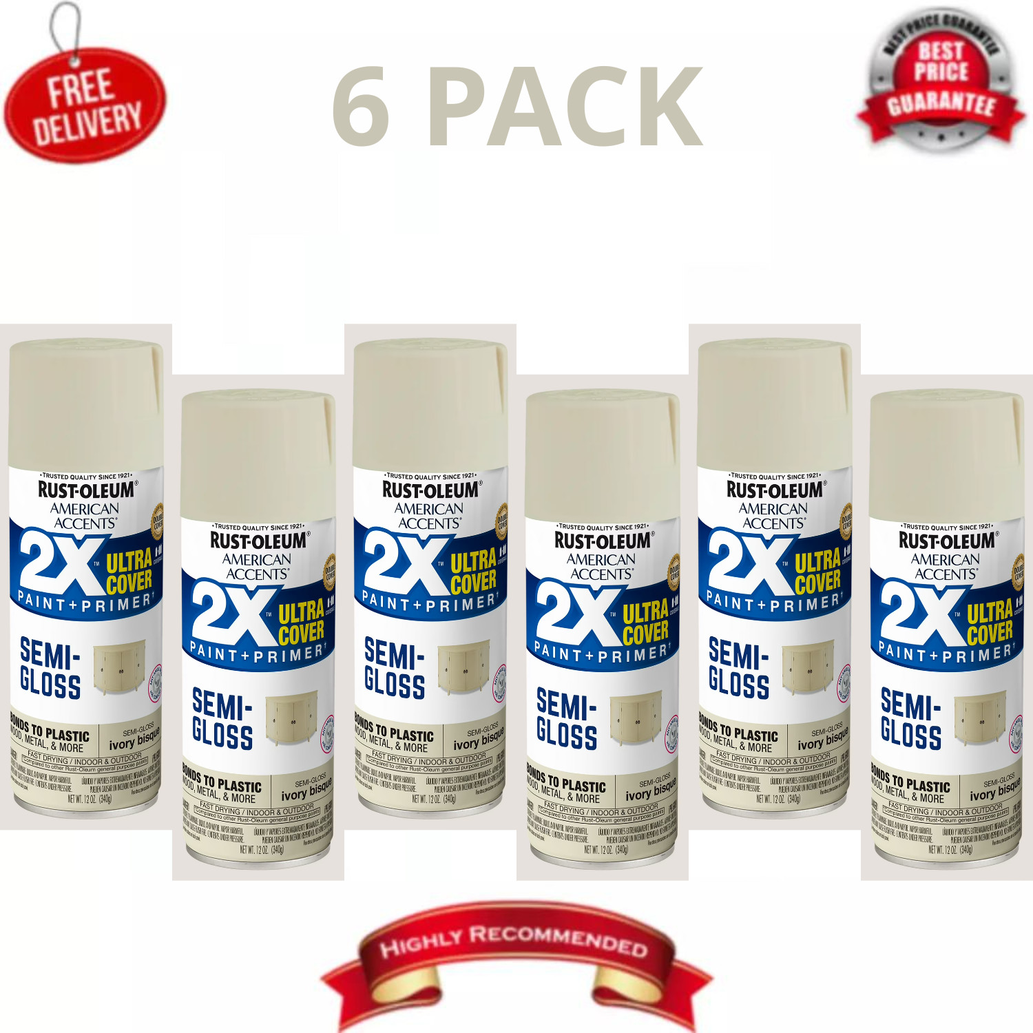 Rust-Oleum American Accents 2X Ultra Cover Spray Paint Ivory Bisque 12 oz, 6 PK