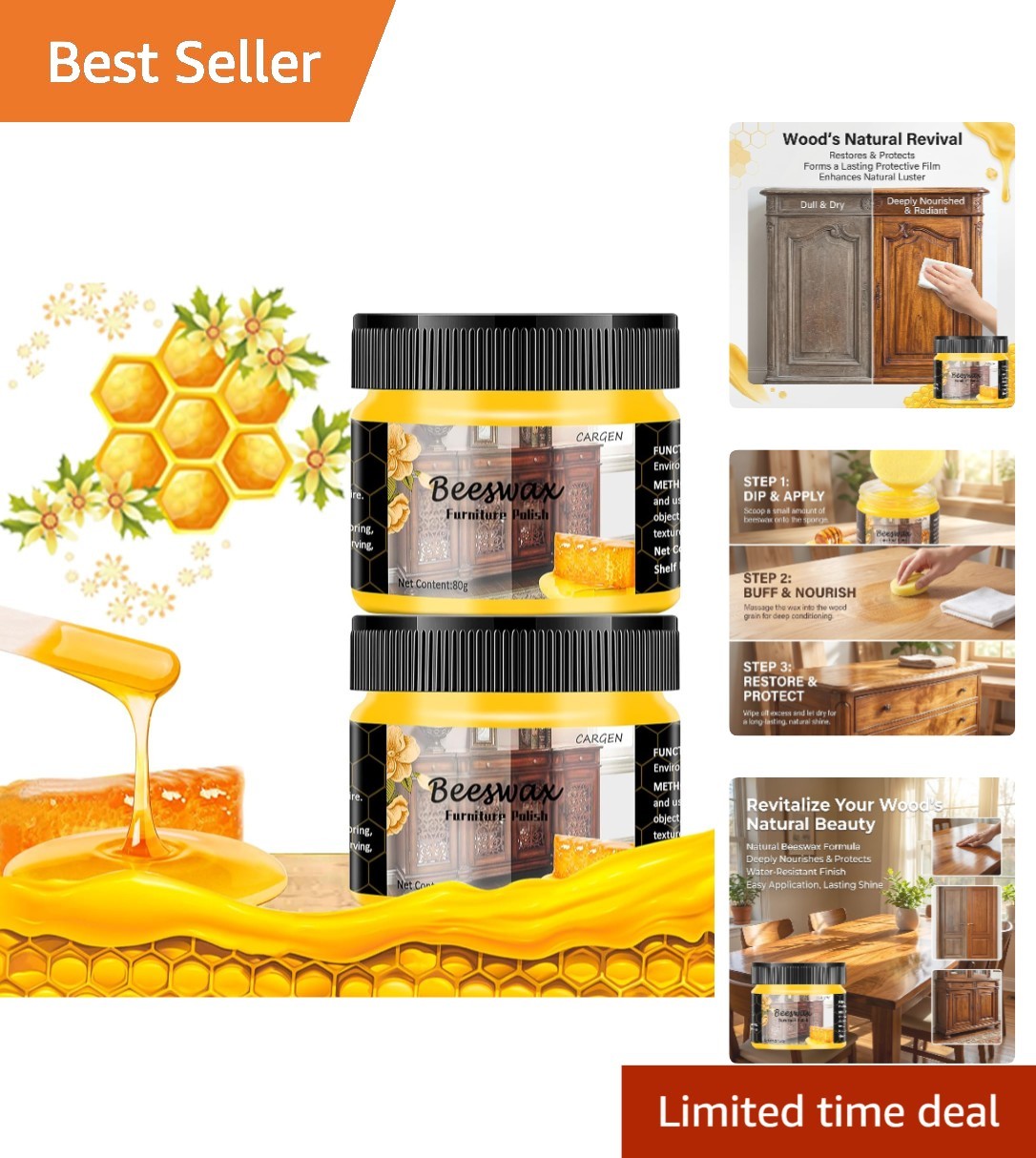 Beeswax Wood Polish Restores and Protects Furniture 2 Pieces