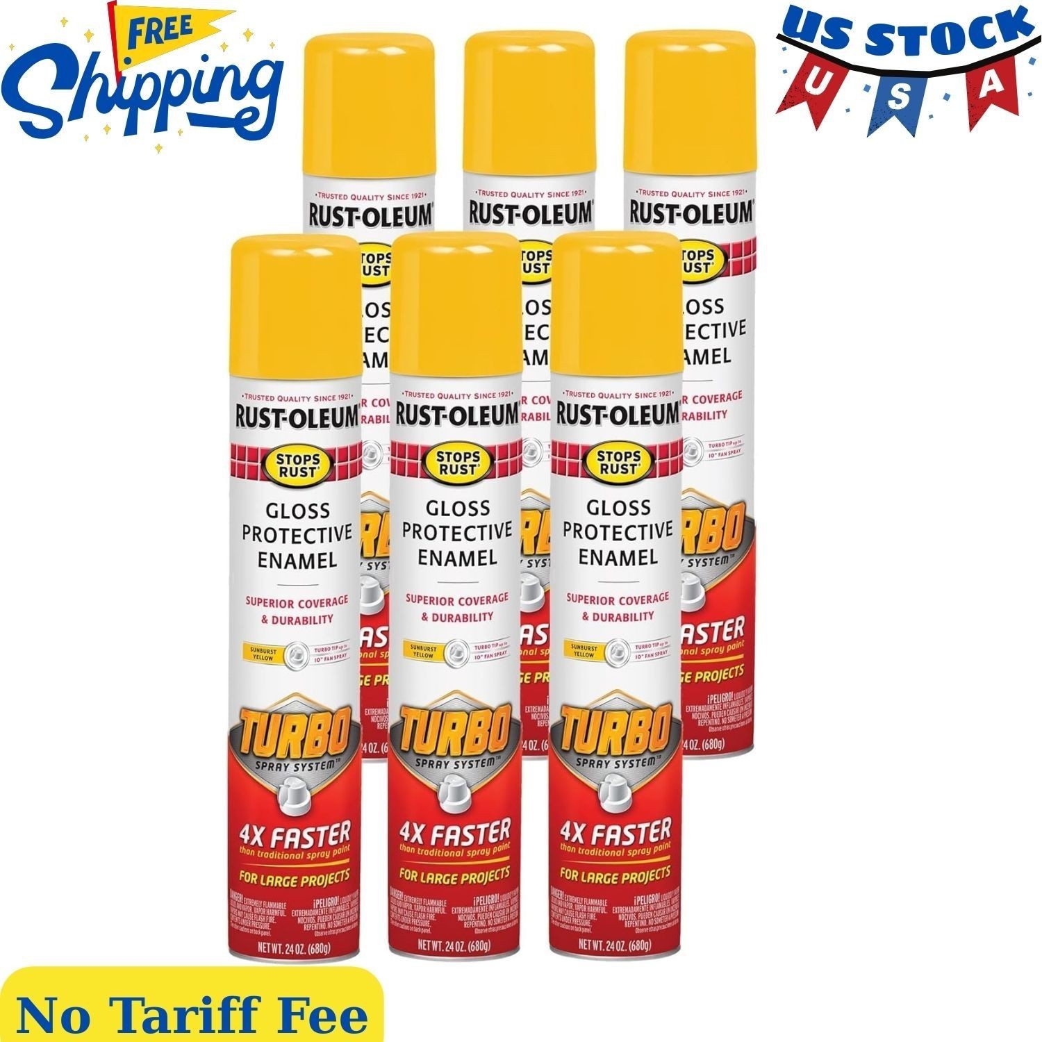 393376-6PK Stops Rust Turbo Spray Paint, 24 oz, Gloss Sunburst Yellow, 6 Pack