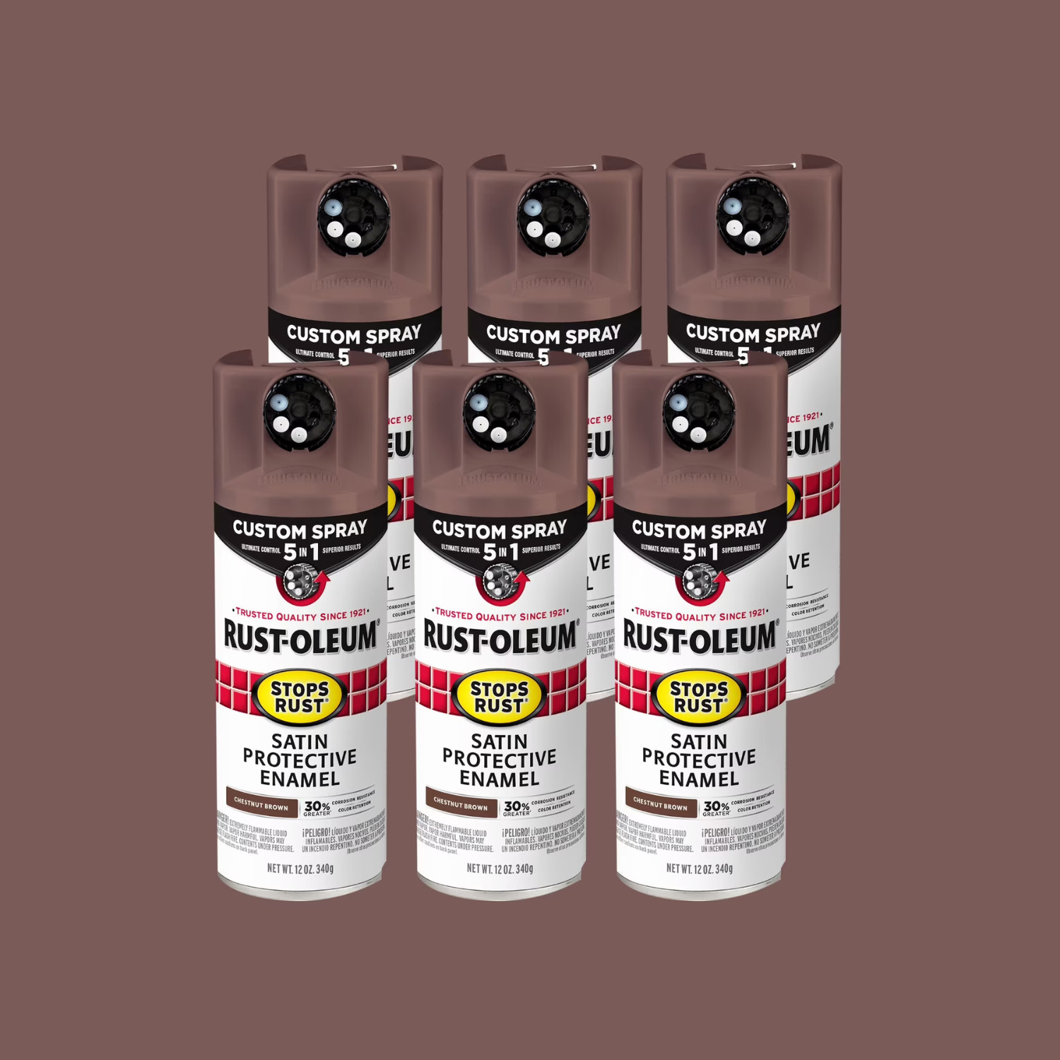 Rust-Oleum Stops Rust Custom 5-in-1 Satin Chestnut Brown Spray Paint, 6 Pack